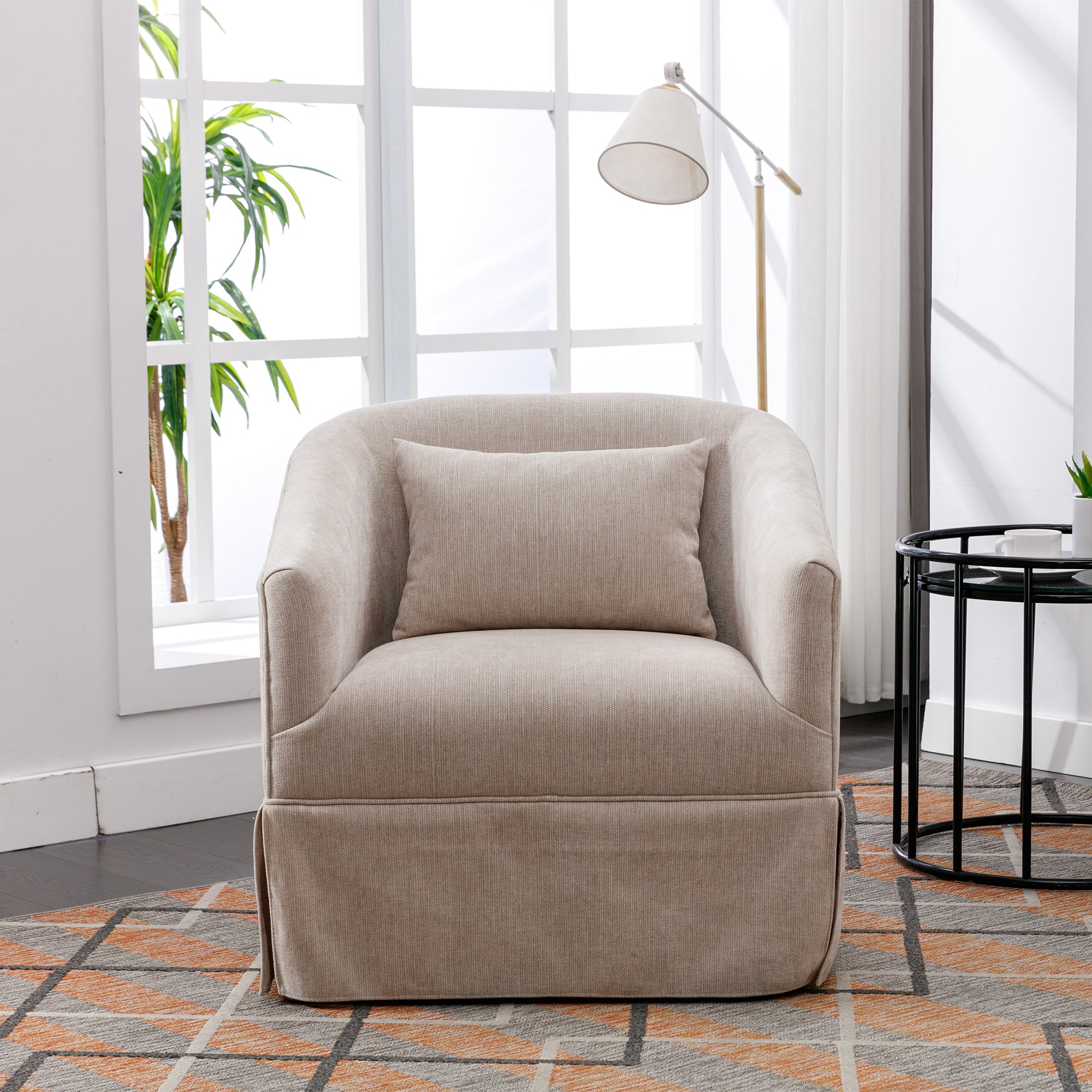 Beige Linen Blend Swivel Accent Armchair