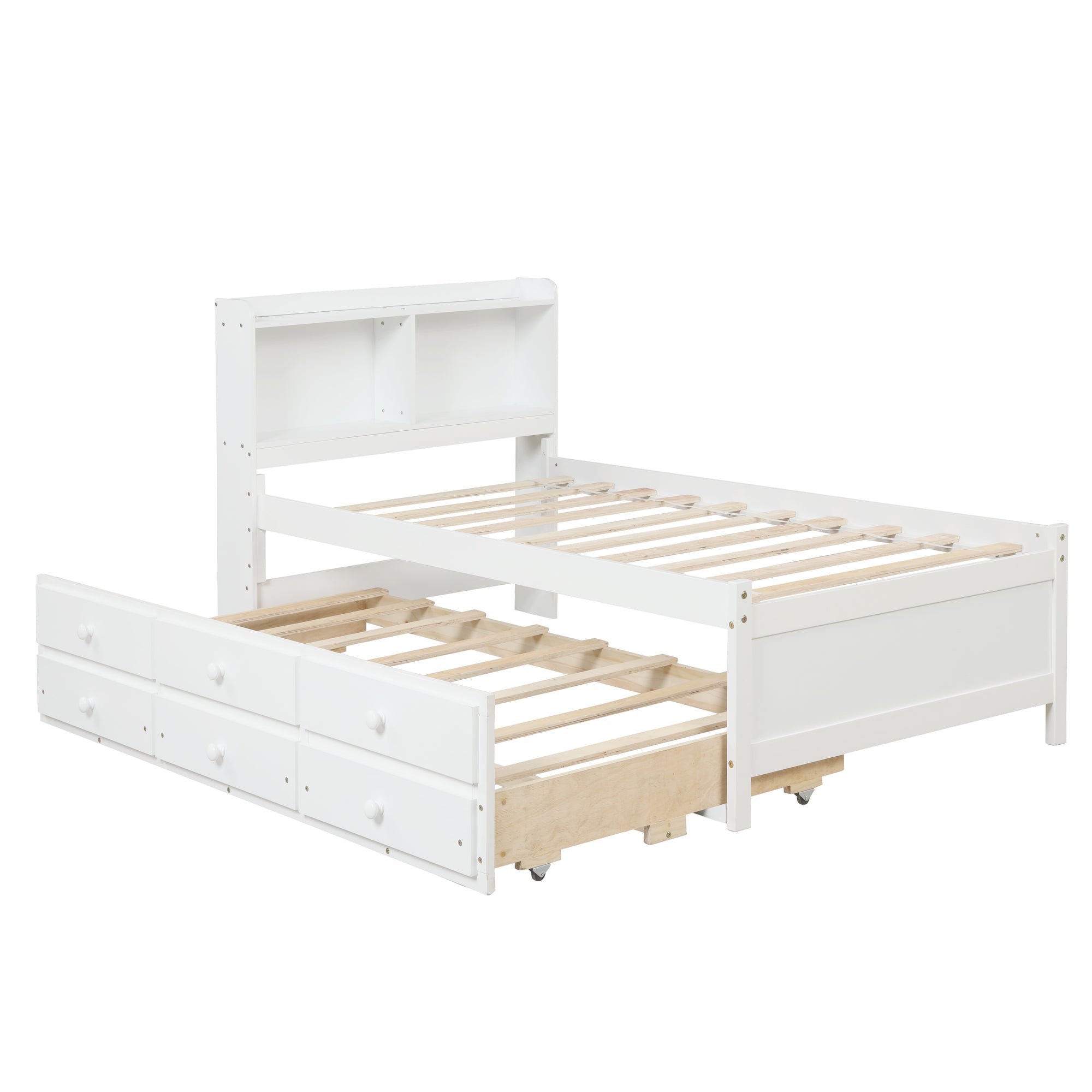 White Twin Bed with Bookcase, Trundle, and Drawers