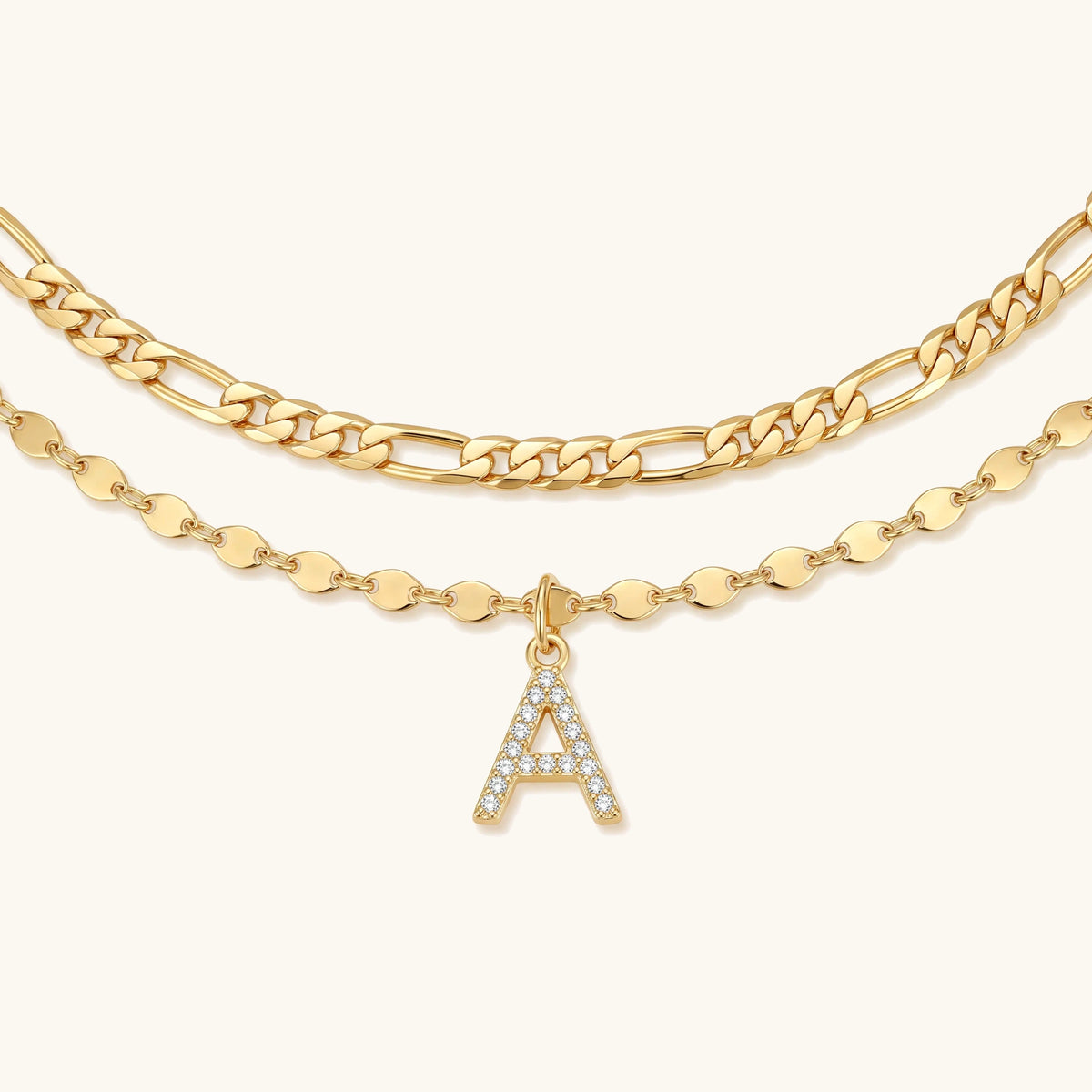 2pc 14k Diamond Letter Initial Anklet – gold figaro and mirror chain anklets with pavé initial charm