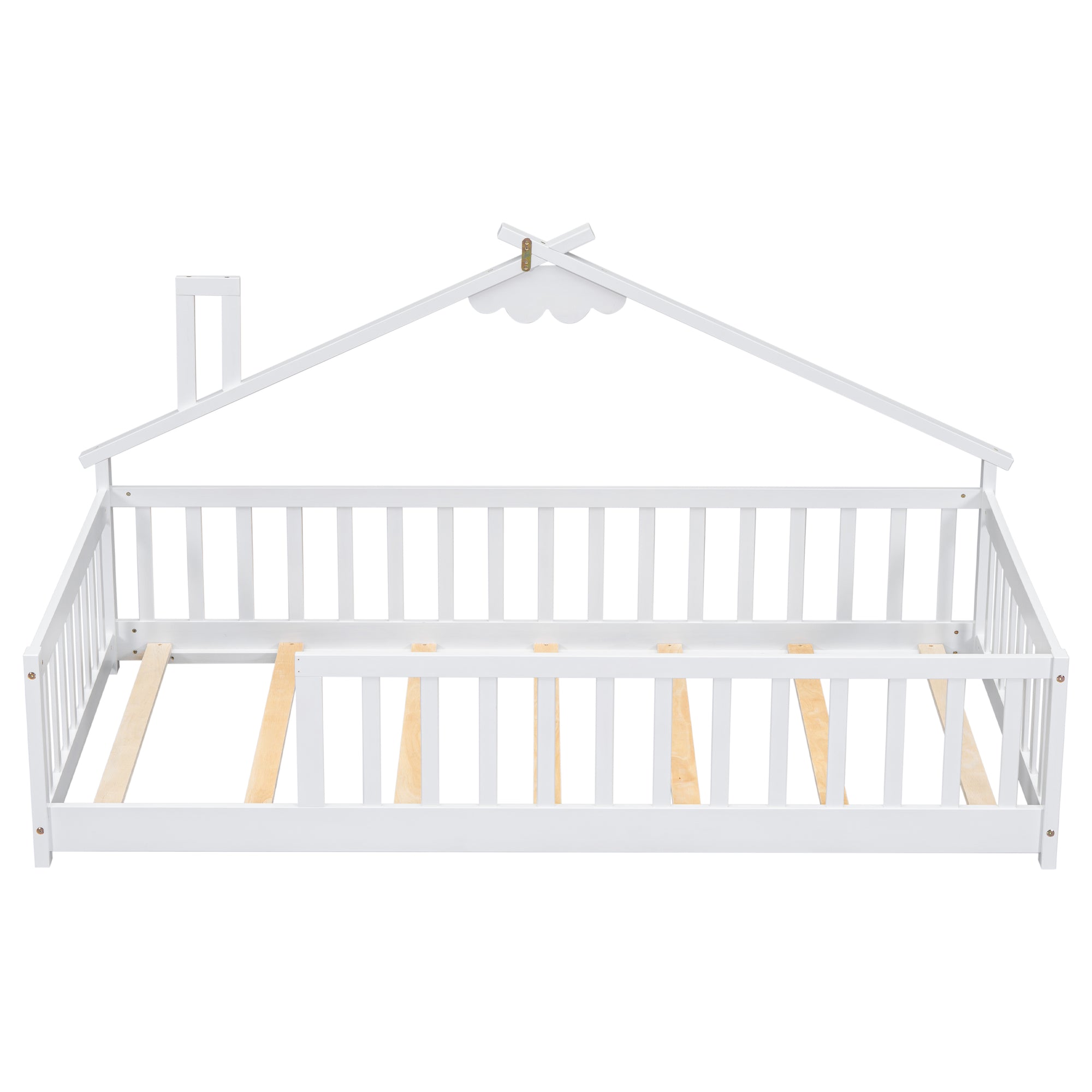 Twin House-Shaped Toddler Floor Bed with Guardrails and Slats