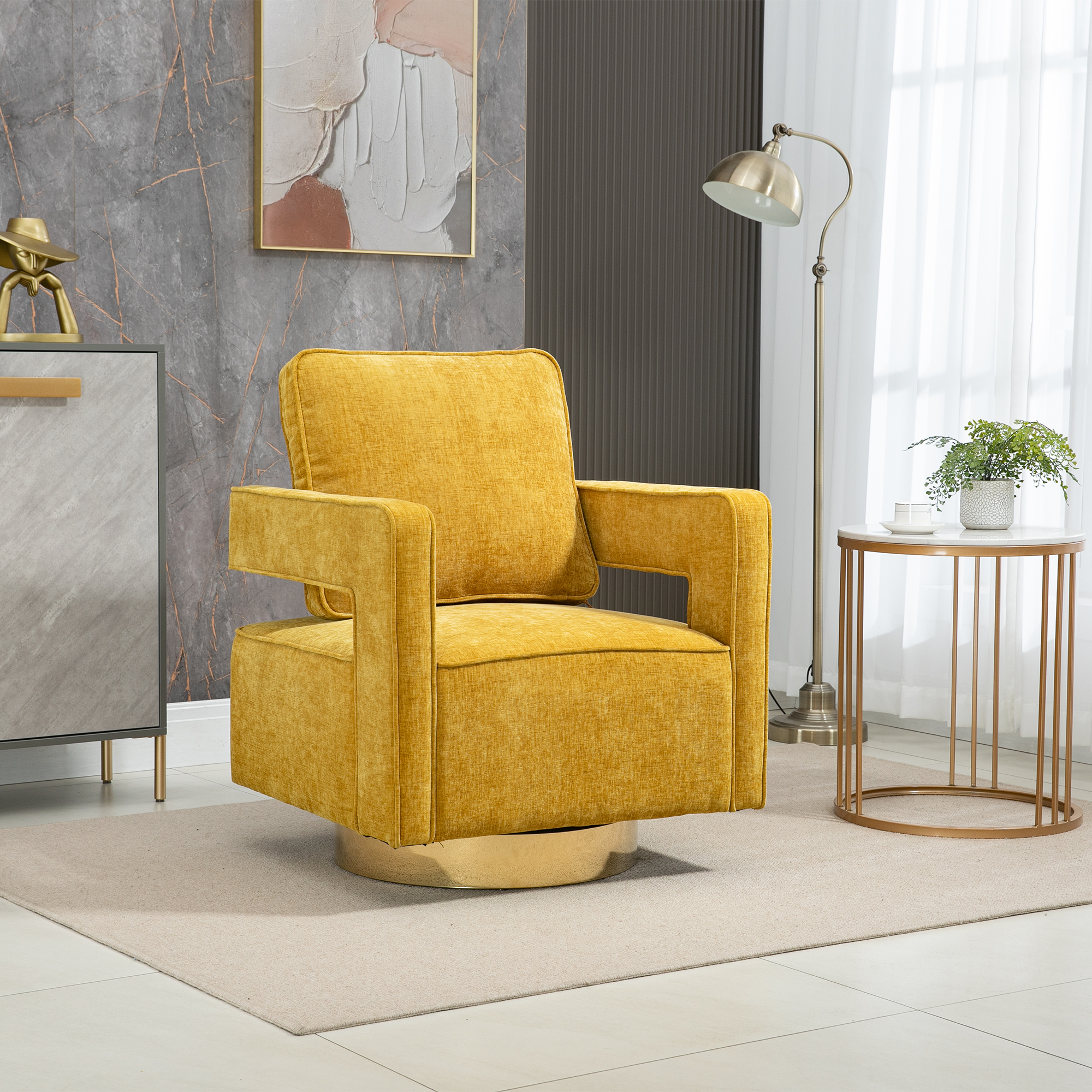 Open Back Mustard Chenille Swivel Accent Chair With Gold Stainless Steel Base