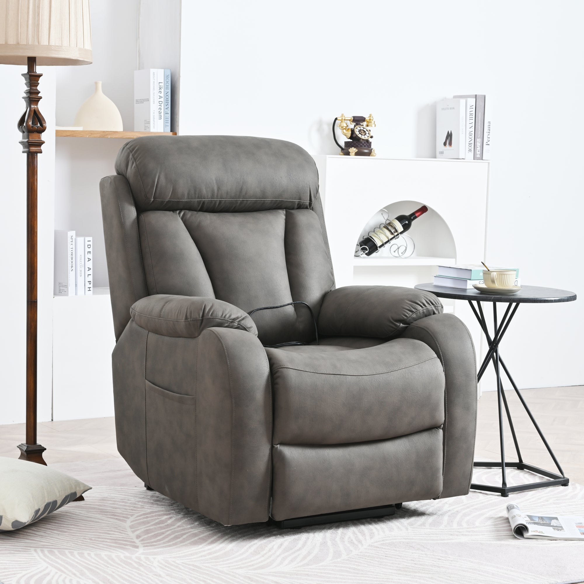 Dark Gray Power Lift Recliner Chair With Wood Frame