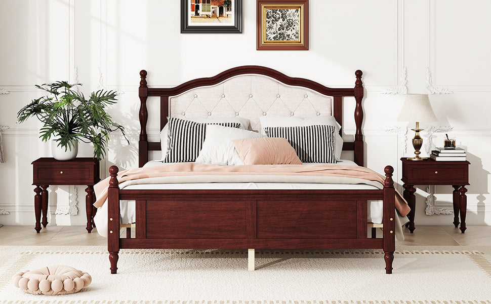 Classic Queen Size Pine Wood Bed with Upholstered Headboard