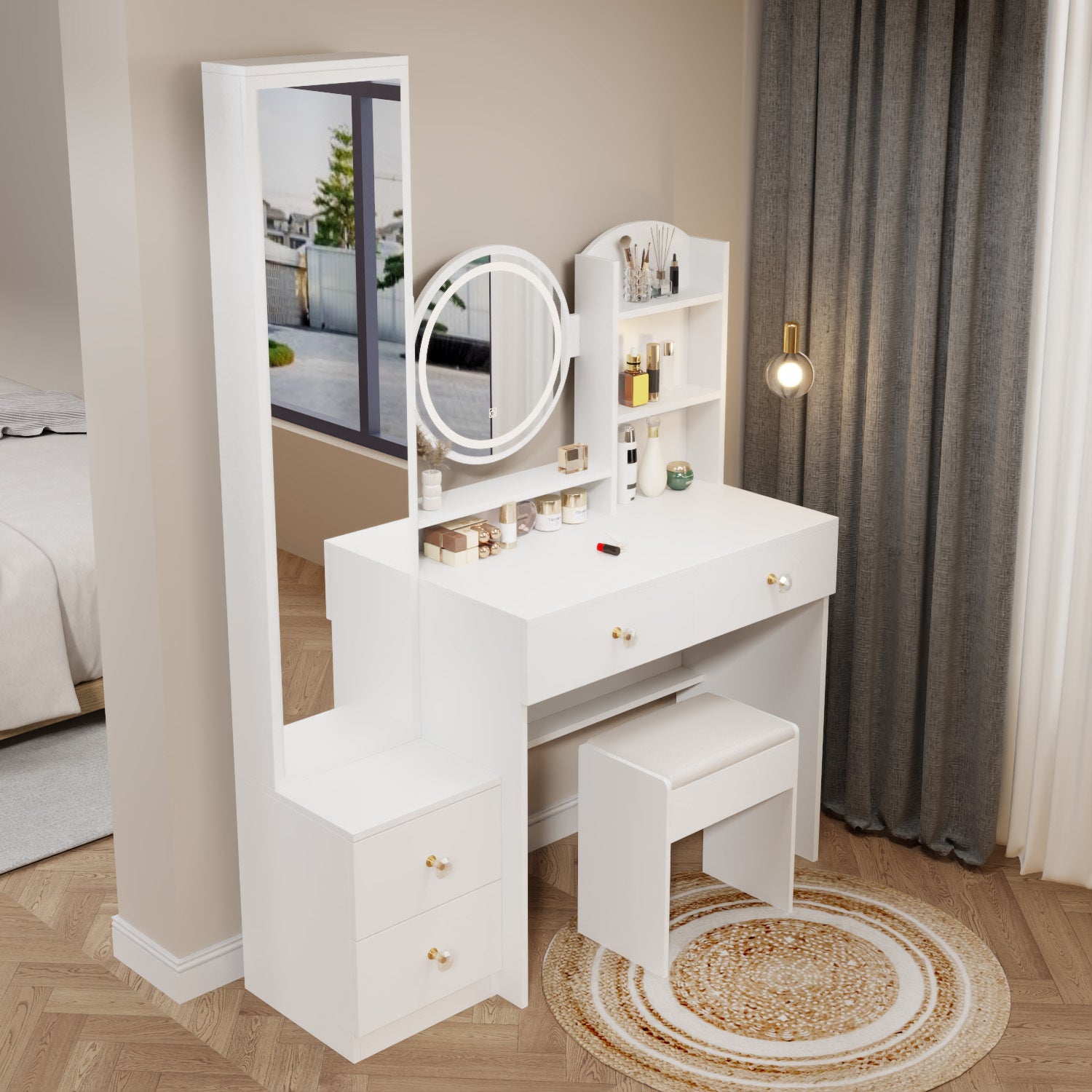 Full Body Mirror Cabinet With LED Vanity Table And Cushioned Stool In White