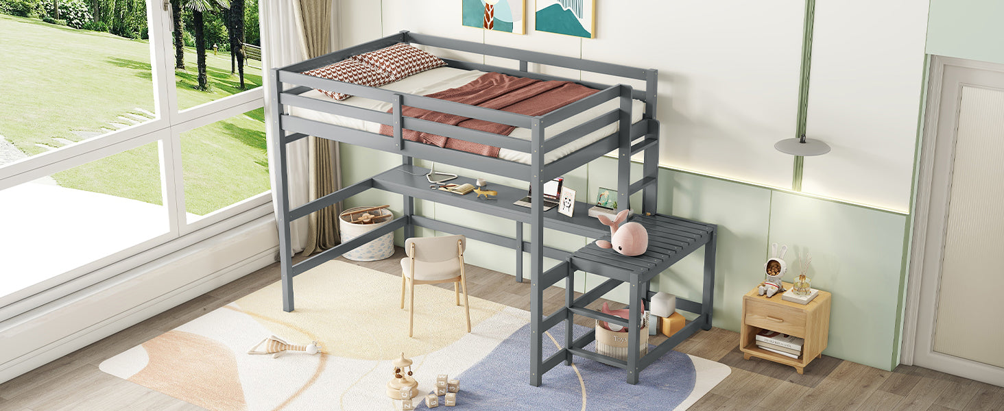 Gray Full Size High Loft Bed with Built-in Desk, Ladder Platform, and Guardrails