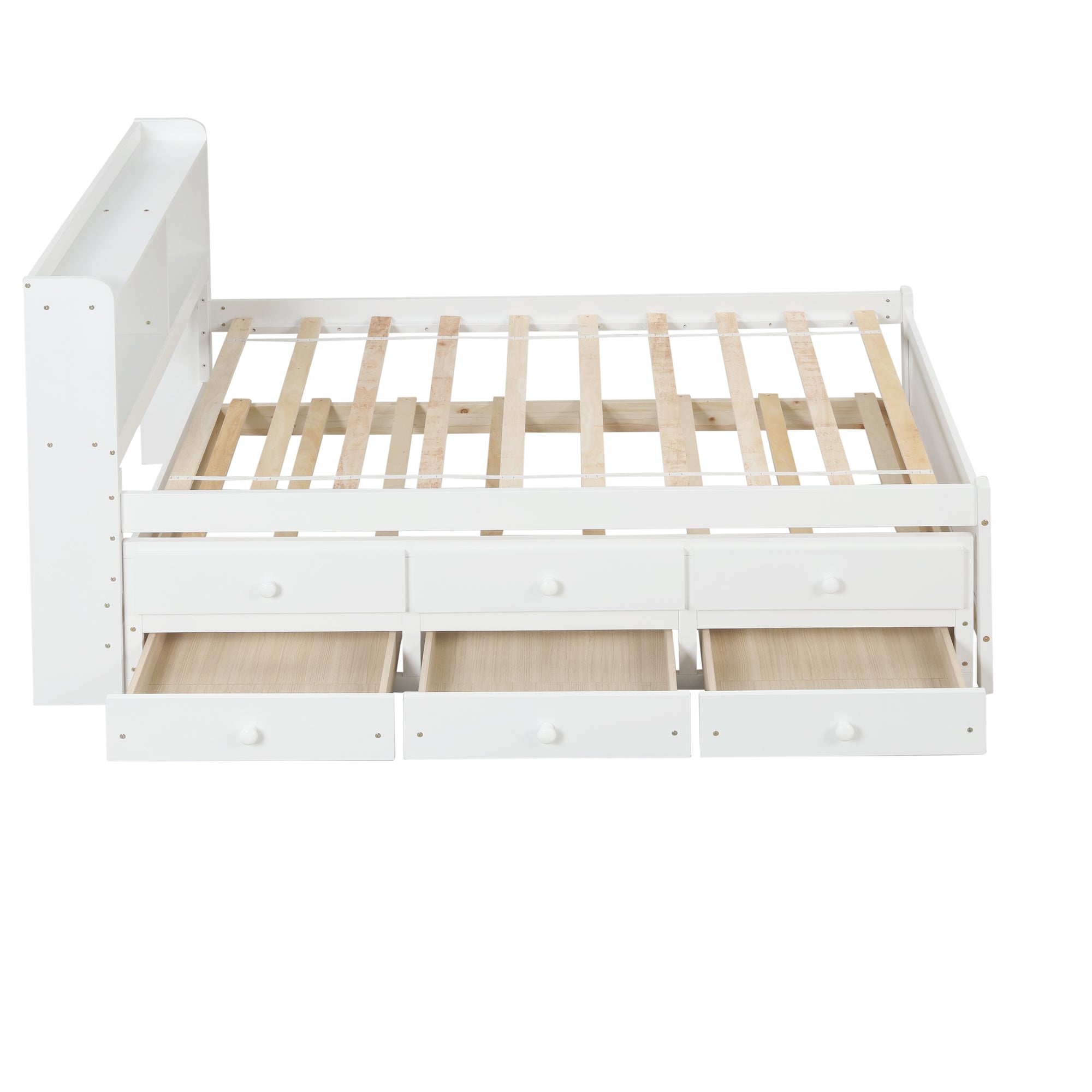 White Twin Bed with Bookcase, Trundle, and Drawers