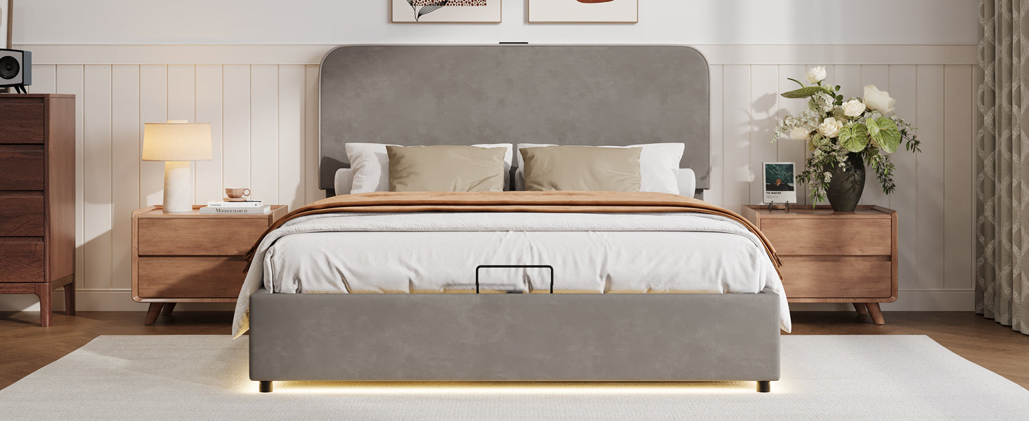 Gray Queen Hydraulic Storage Bed with LED Lights, Built-in Bluetooth Speaker, and USB Charging