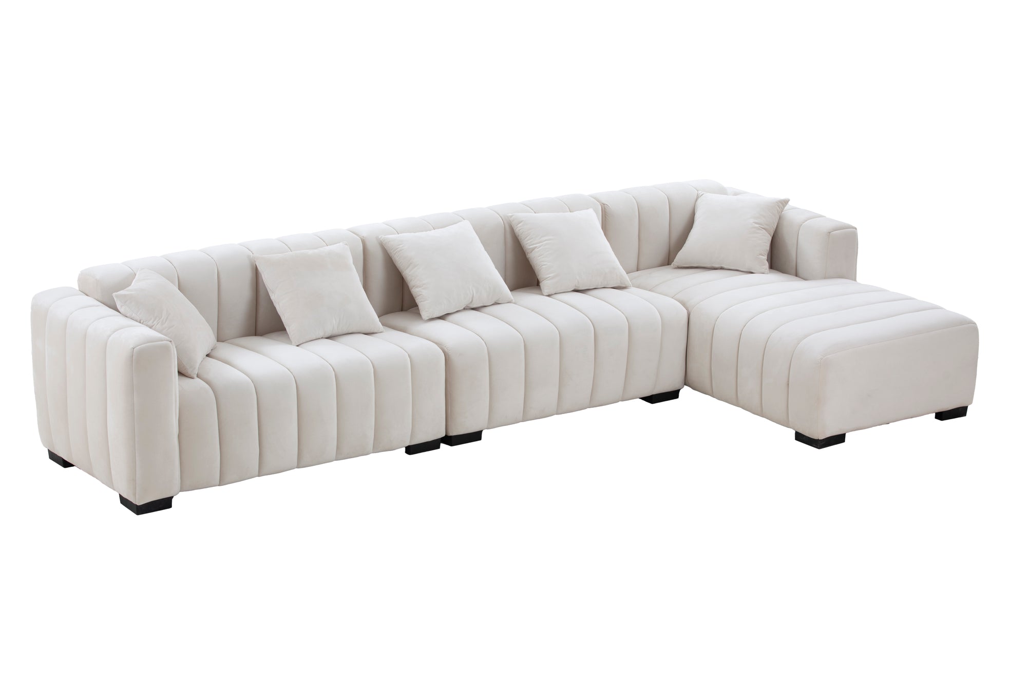 Beige Velvet L-Shaped Sectional Sofa with Tufted Upholstery & Chaise