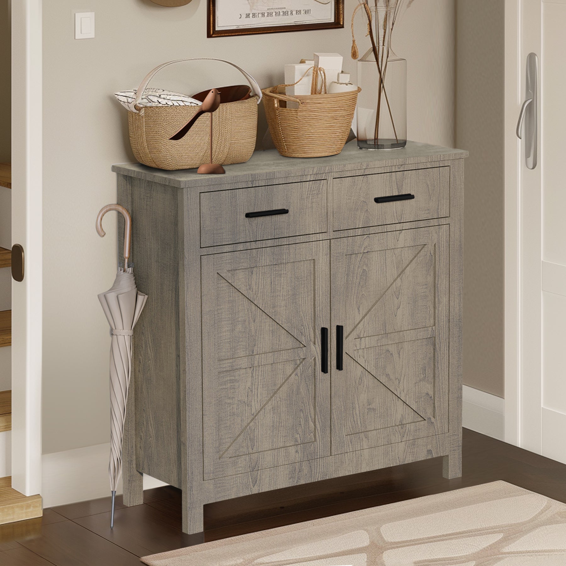 Modern Farmhouse Kitchen Storage Cabinet with 2 Drawers and 2 Doors In Grey