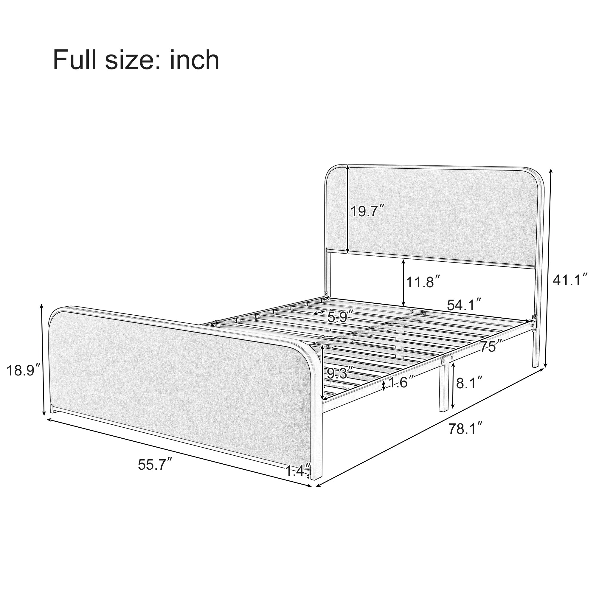 Gray Modern Full Metal Bed Frame with Fabric Headboard and Footboard