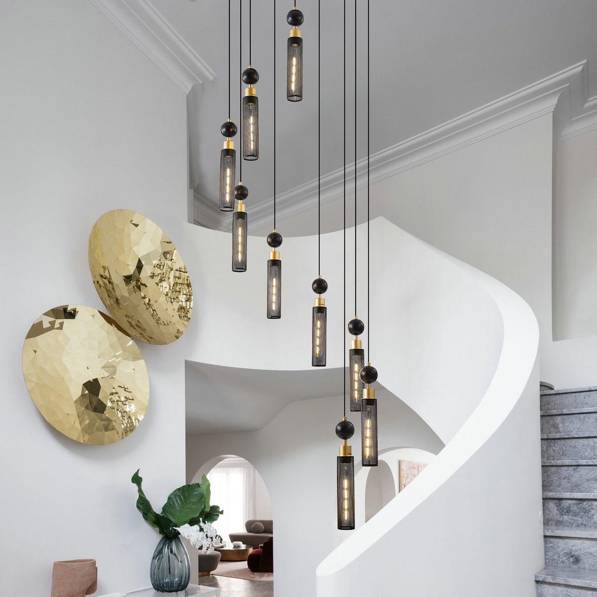 Modern Industrial 9-Light Pendant Chandelier in Black and Gold