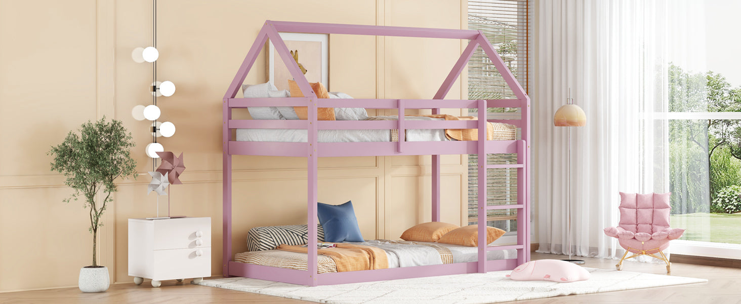 Twin Over Twin Pink House-Shaped Floor Bunk Bed with Ladder and Guardrails