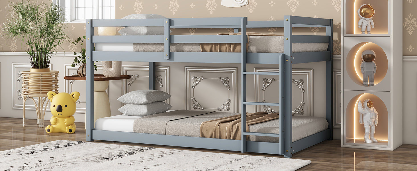 Gray Solid Rubber Wood Twin Over Twin Loft Bed with Ladder