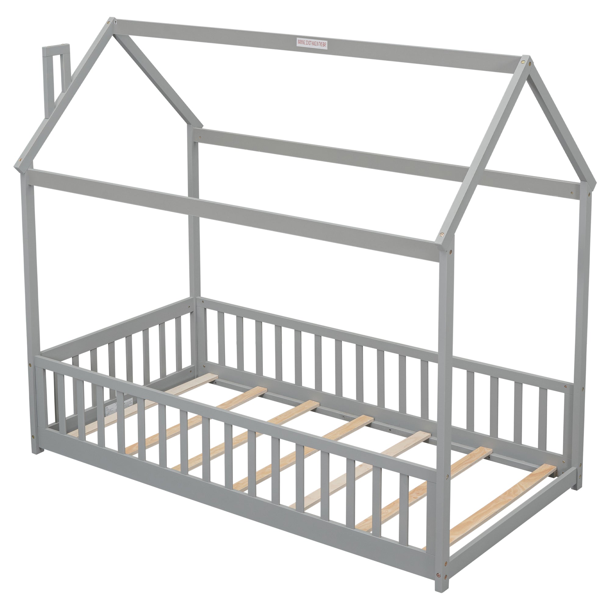 Gray Twin House Bed with Guardrails and Slats