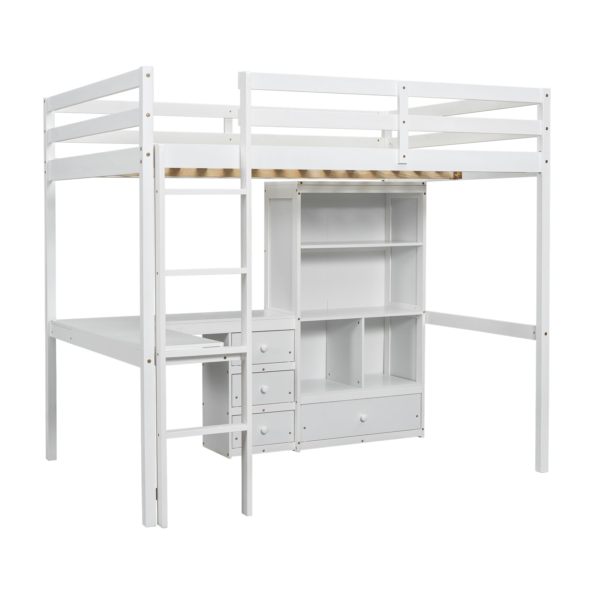 White Full Size Loft Bed with Desk, Storage Shelves, Drawers, and Built-in Ladder