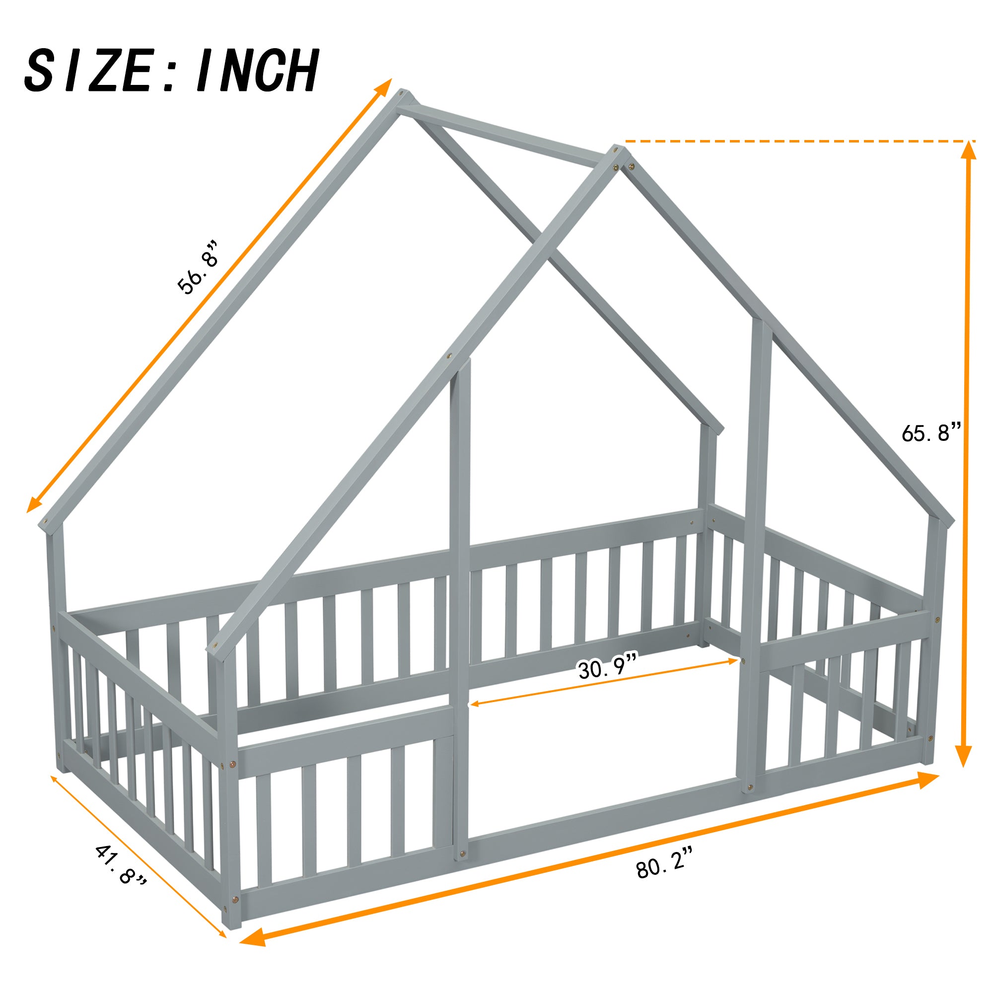 Twin Wood House-Shaped Toddler Floor Bed with Fence & Guardrails in Gray