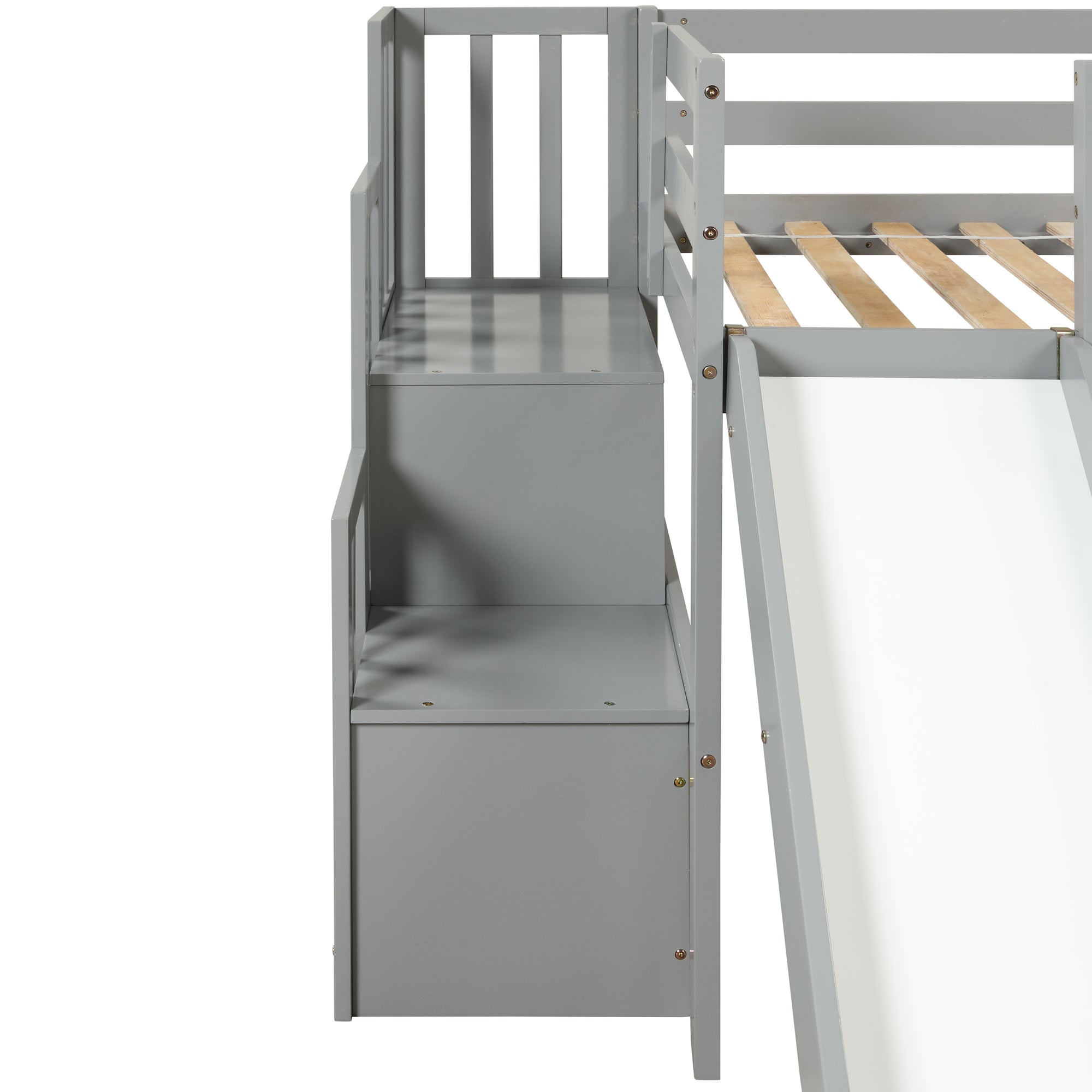 Gray Twin Loft Bed with Slide, Storage Staircase, and Full-Length Guardrails