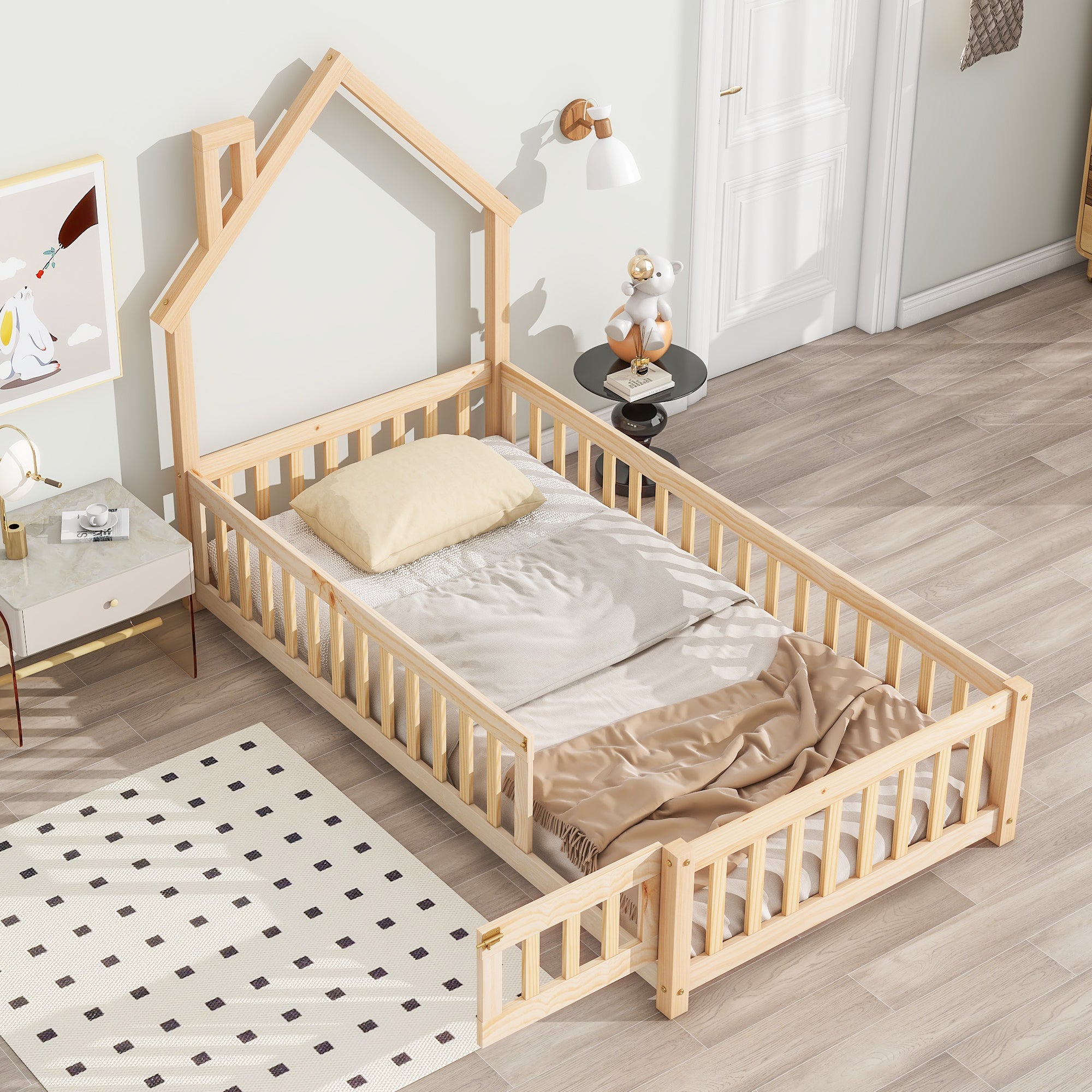 Natural Twin House-Shaped Headboard Toddler Floor Bed with Fence