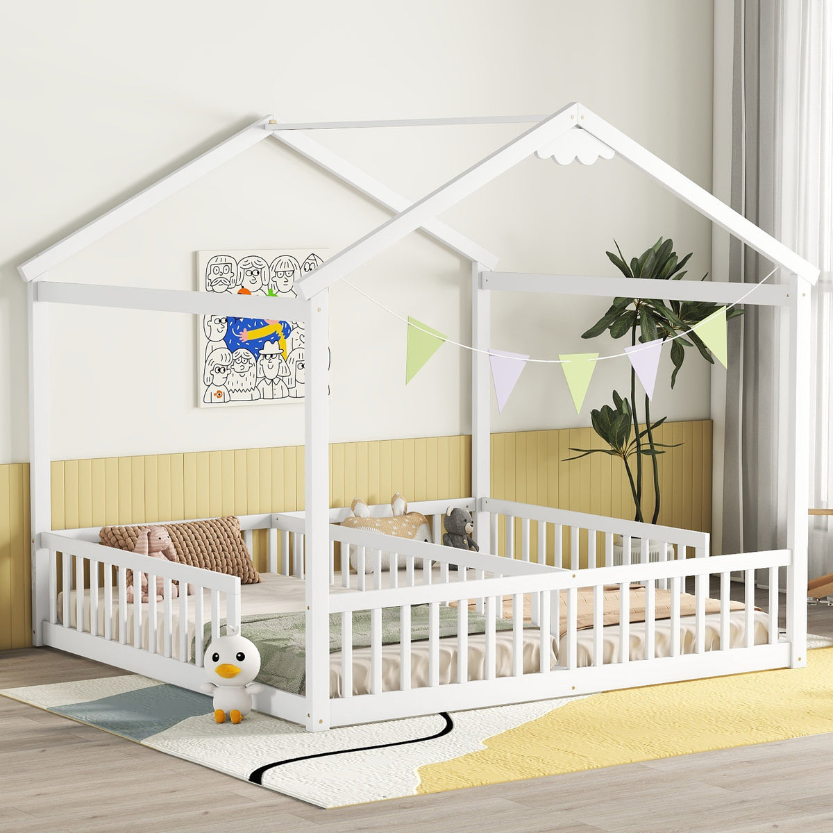 White Double Twin House-Style Toddler Floor Bed with Fence &amp; Guardrails