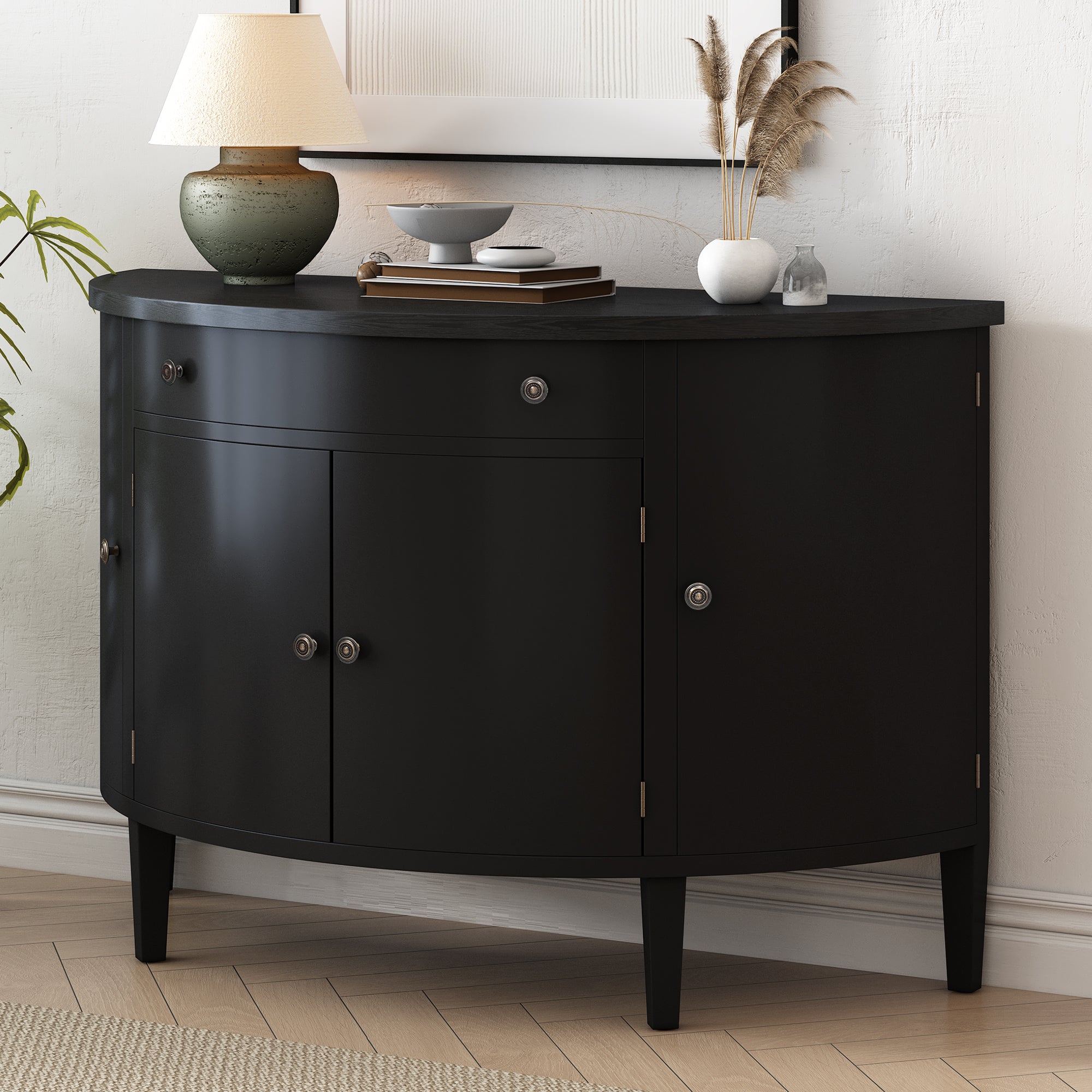 Curved Design Storage Cabinet Made of Fraxinus Mandschuric Solid Wood Veneer with Adjustable Shelves In Black