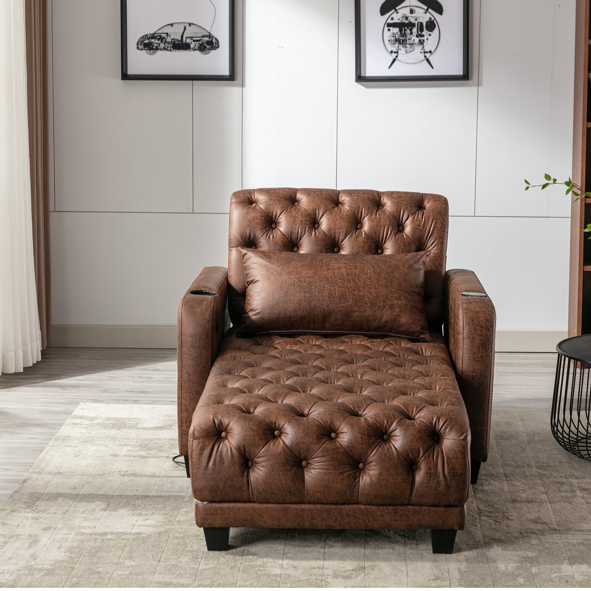 Reclining Tufted Chaise Lounge with Lumbar Pillow and Wireless Phone Charging in Brown