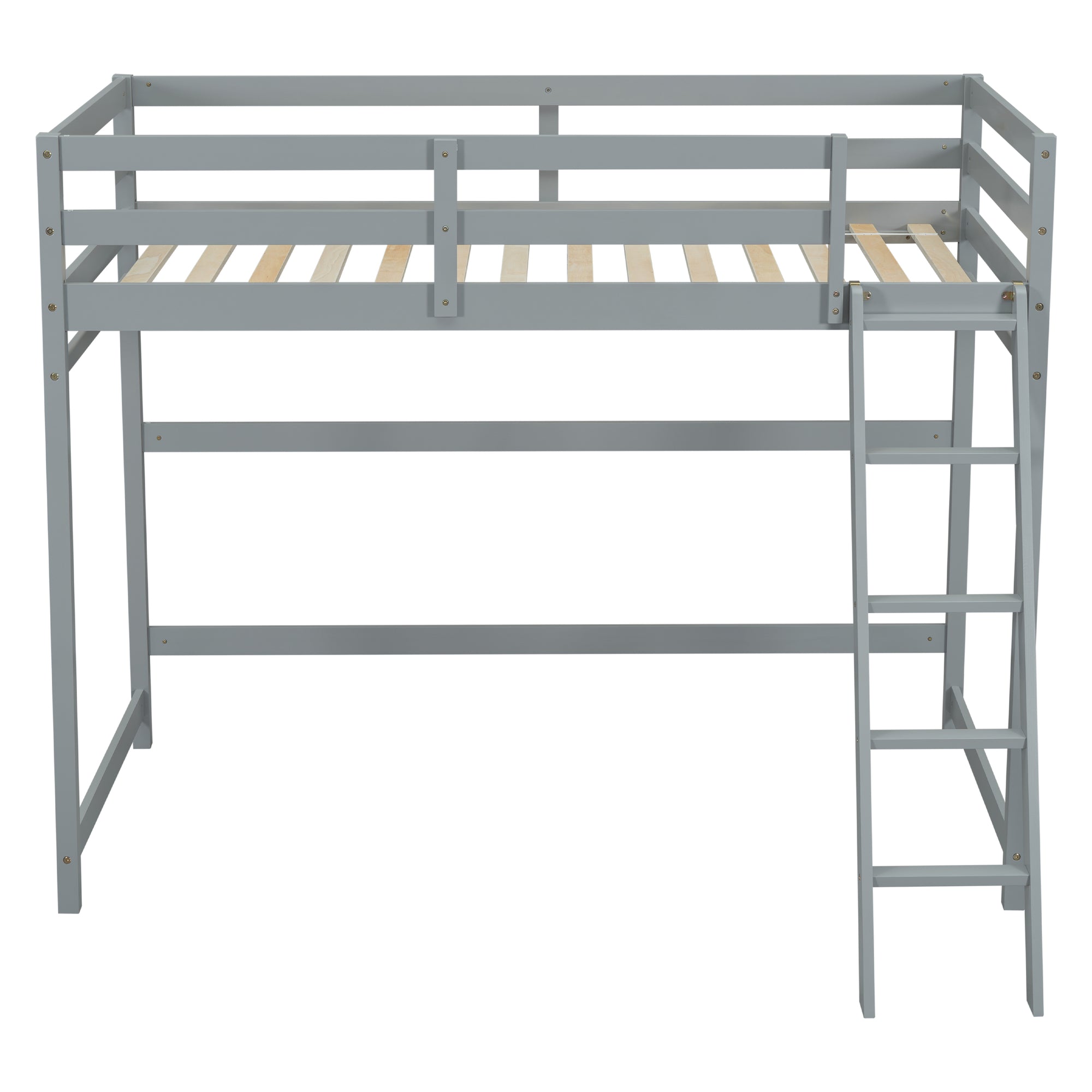 Gray Twin Size High Loft Bed with Inclined Ladder and Guardrails