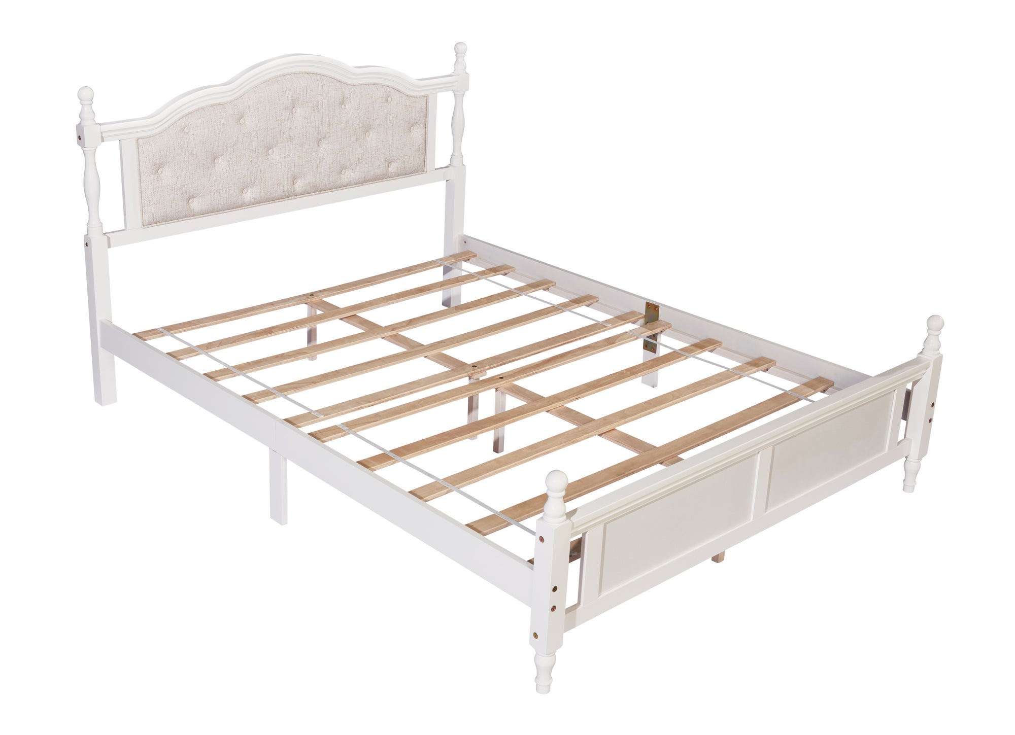 Queen Pine Wooden Bed with Upholstered Headboard and Panel Footboard In White