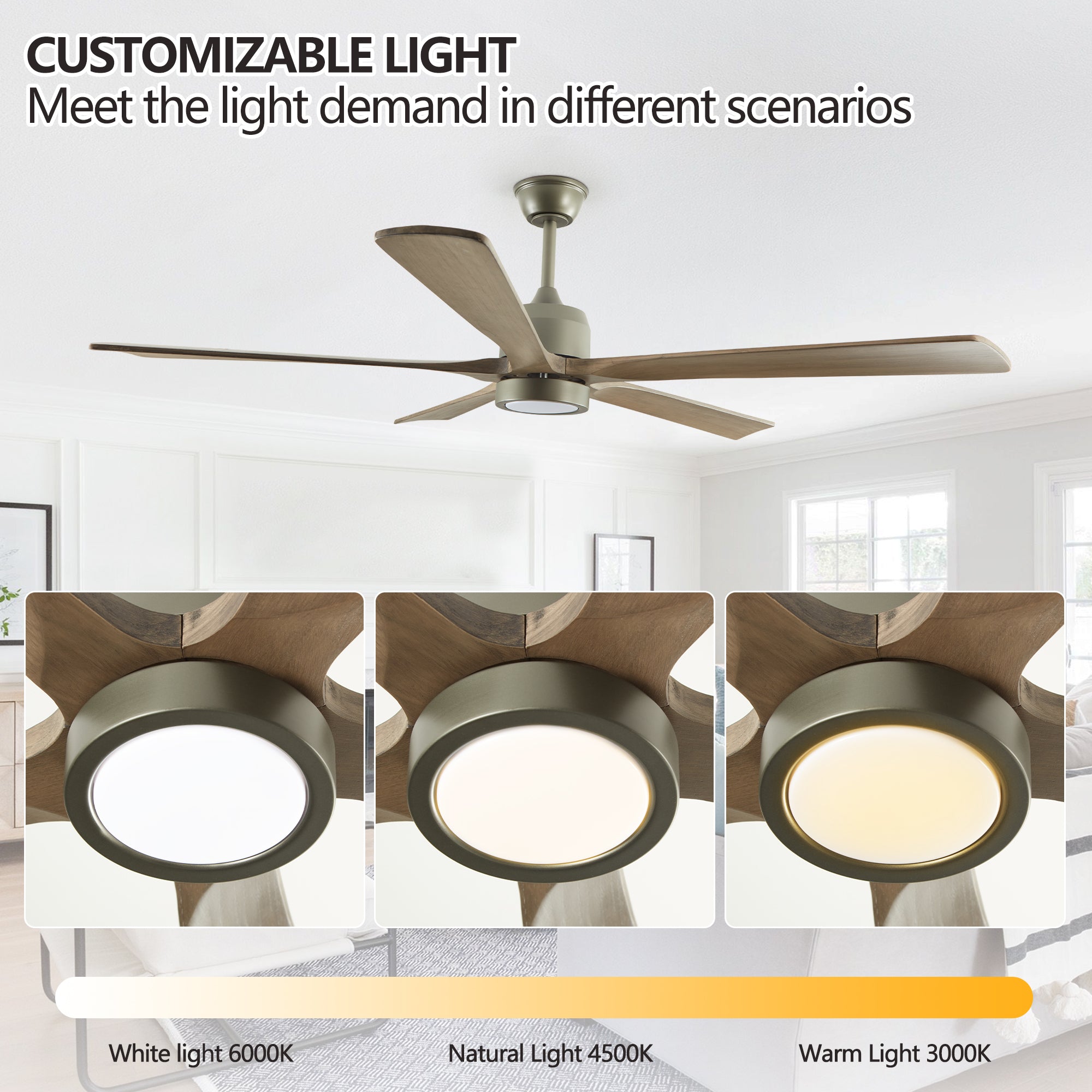 60-Inch Noiseless Wood Ceiling Fan with Dimmable LED Light