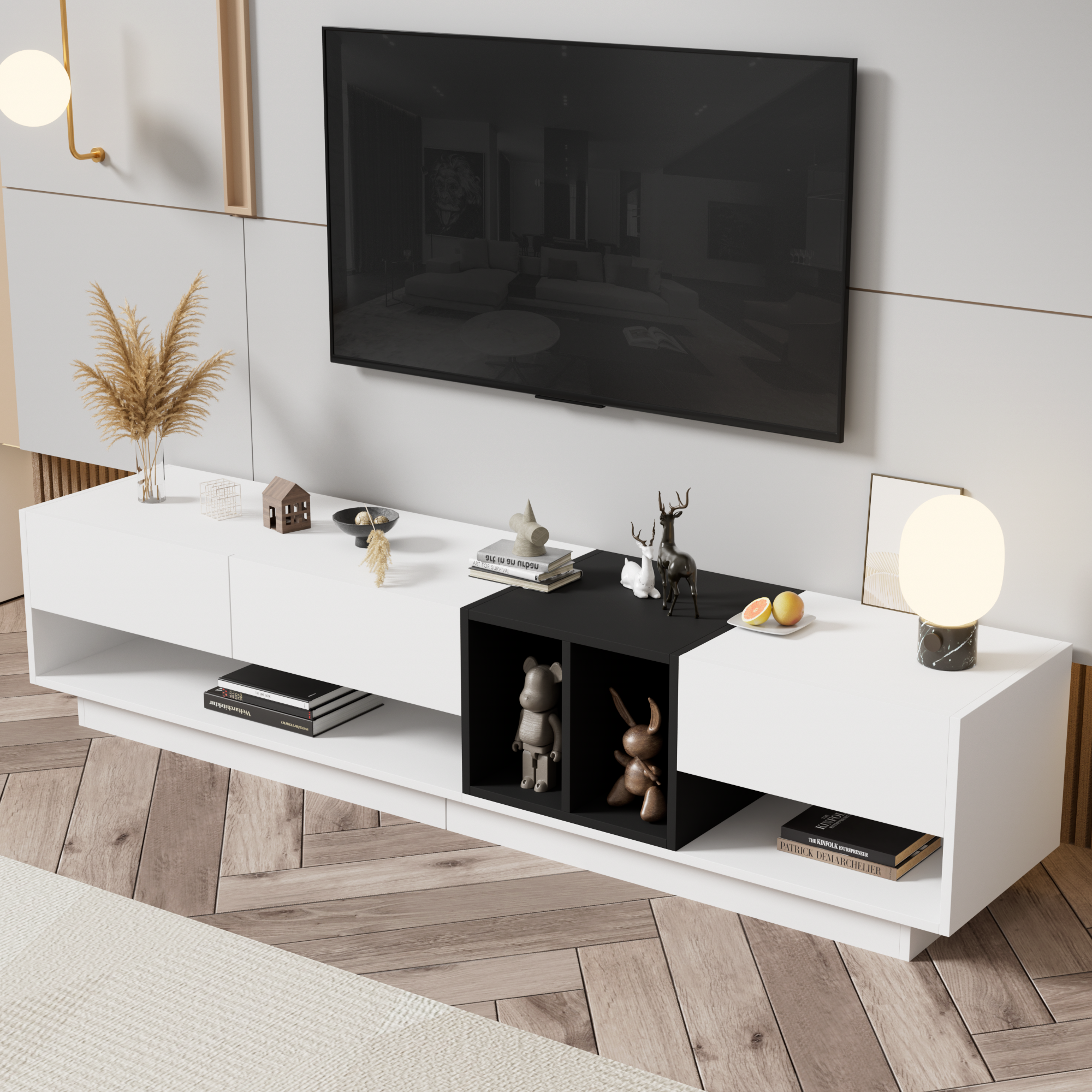 Sleek and Stylish TV Stand with Perfect Storage Solution Two-Tone Media Console for TVs Up to 80 Inches In White