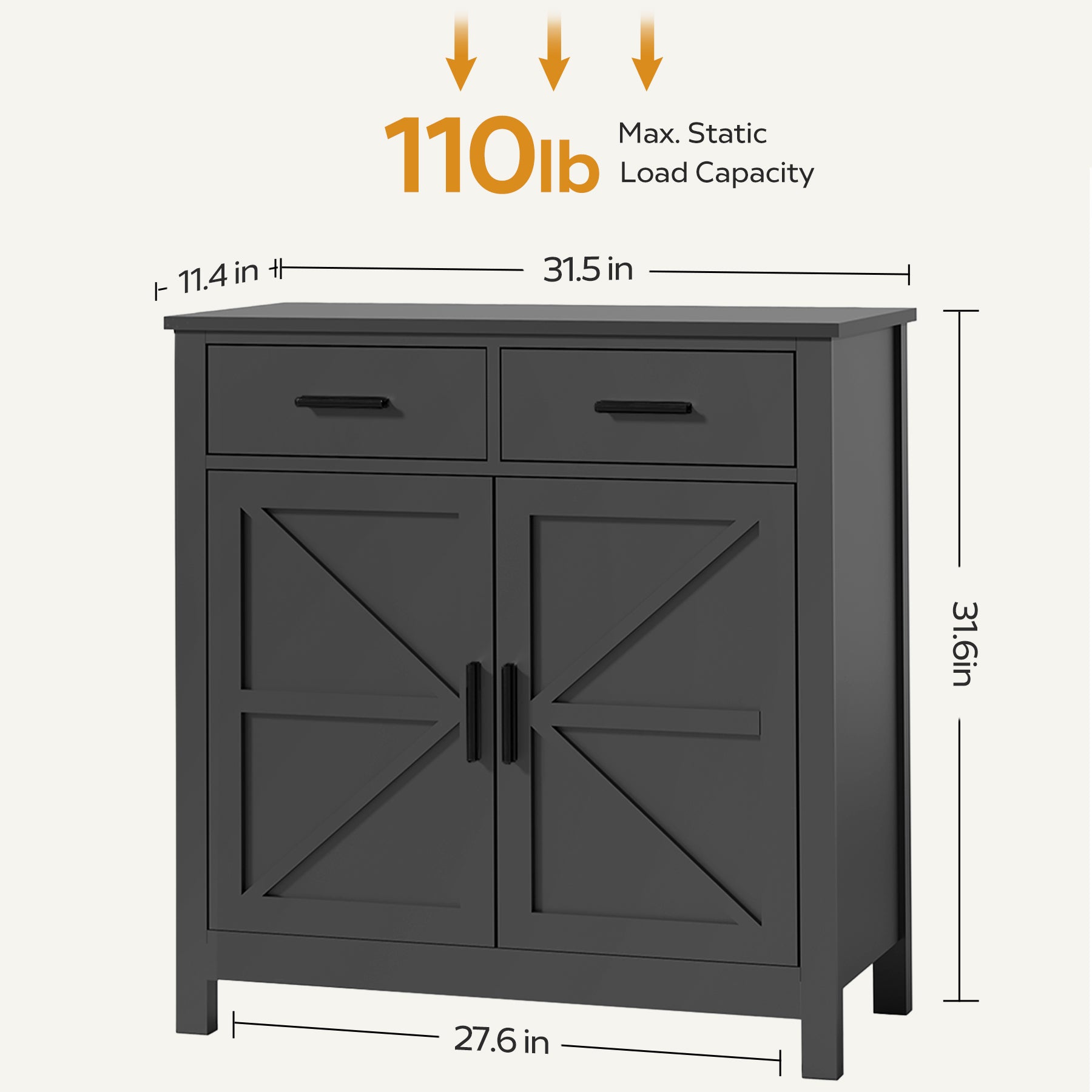 Modern Farmhouse Kitchen Storage Cabinet Buffet with 2 Drawers and 2 Doors In Black