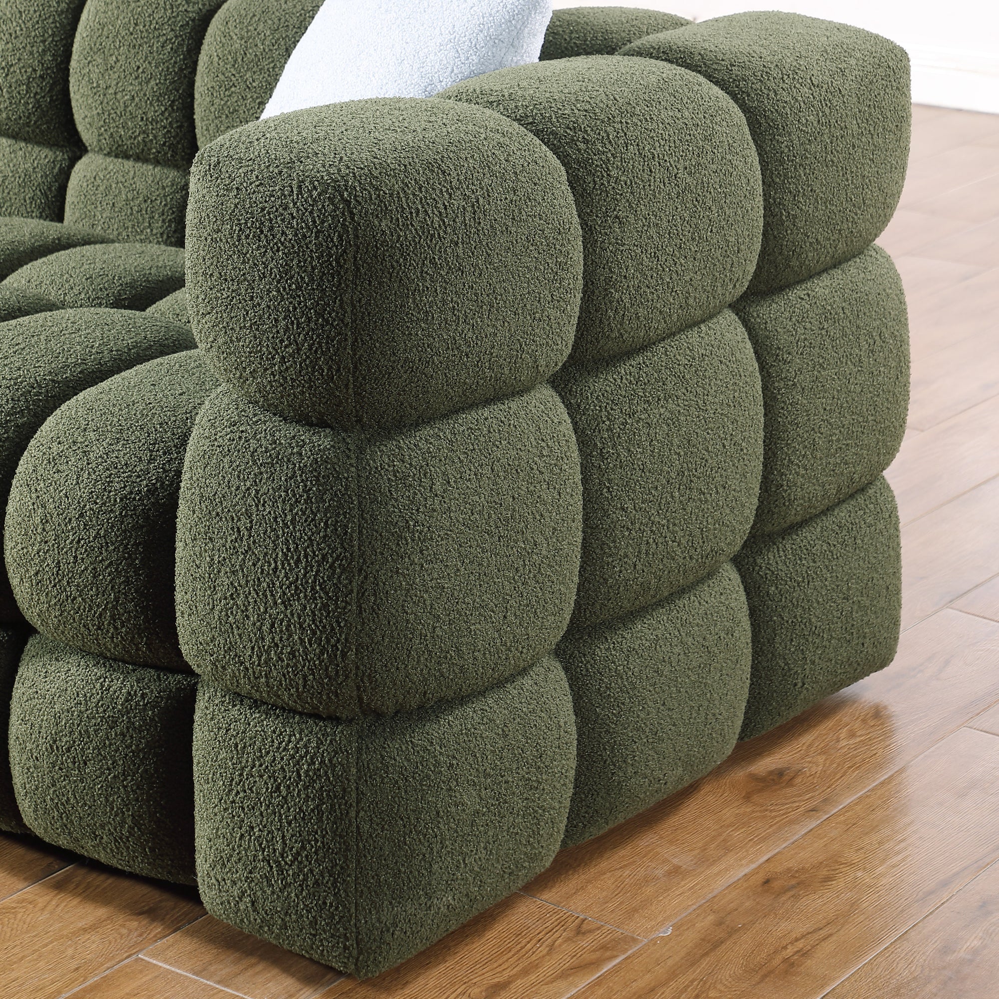 Olive Green Boucle 5-Seater Marshmallow Loveseat Sofa