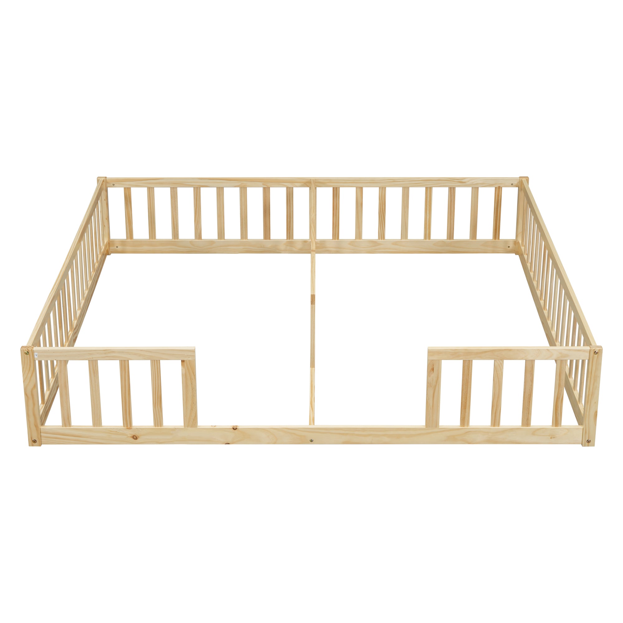 Double Twin Toddler Floor Bed with Fence and Guardrails in Natural Tones