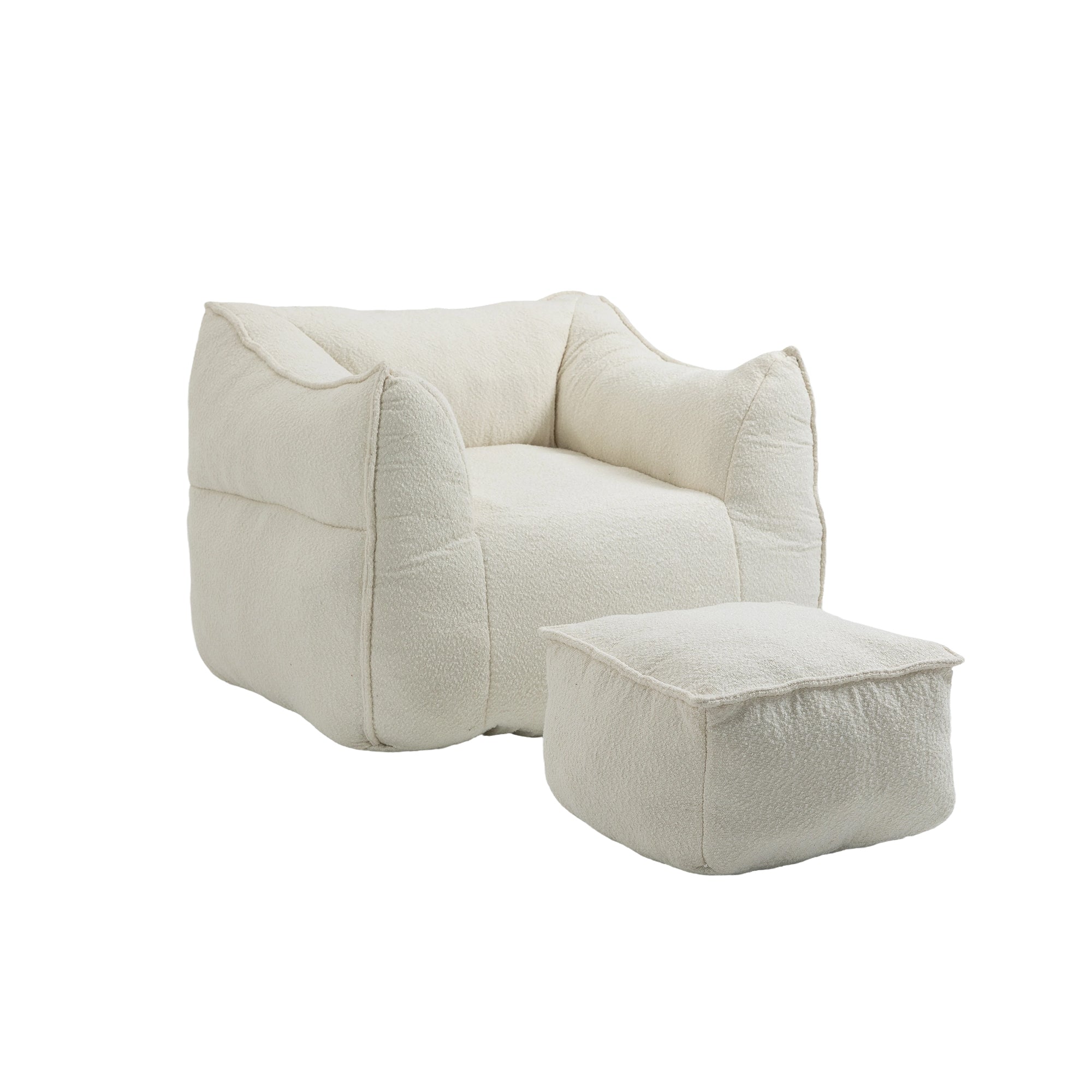 Modern High-Back  Beige Boucle Bean Bag Chair