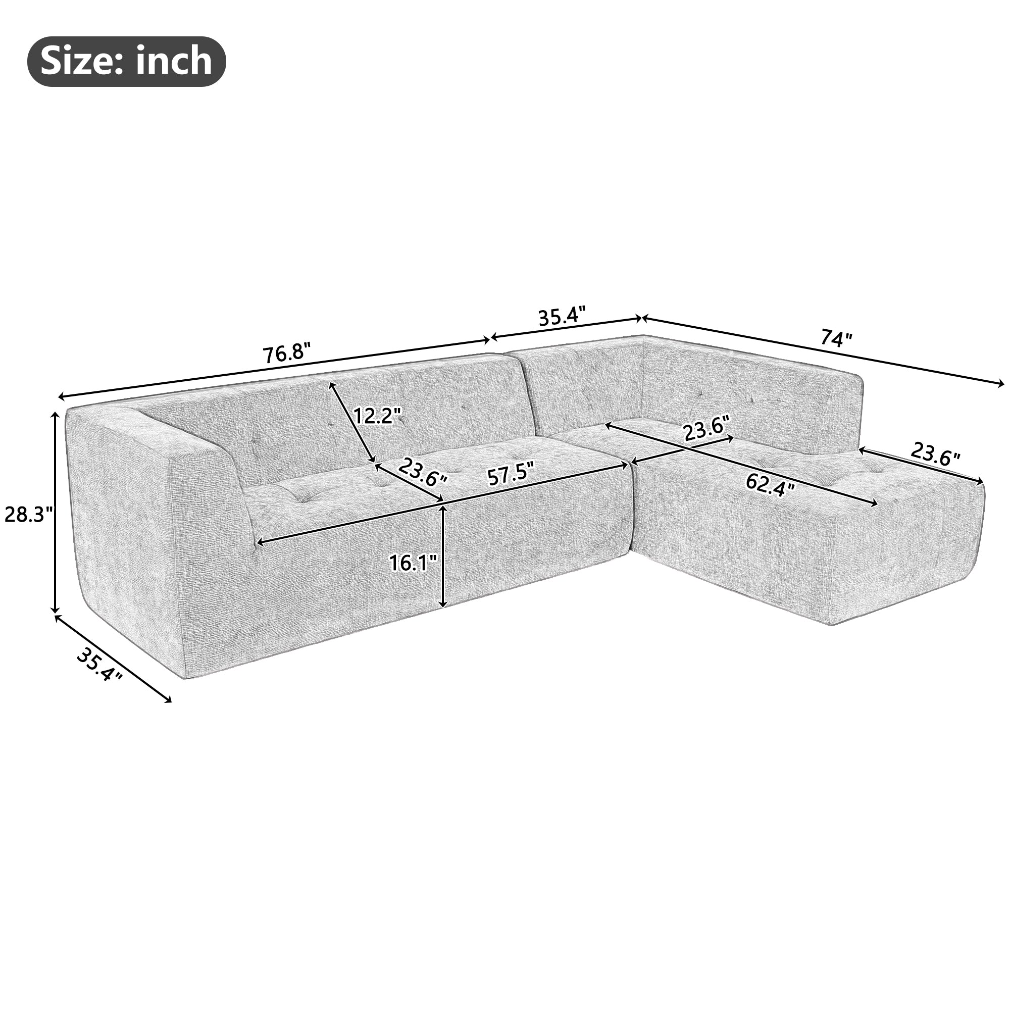 Mombasa 3-Seat Chenille Sofa in Gray