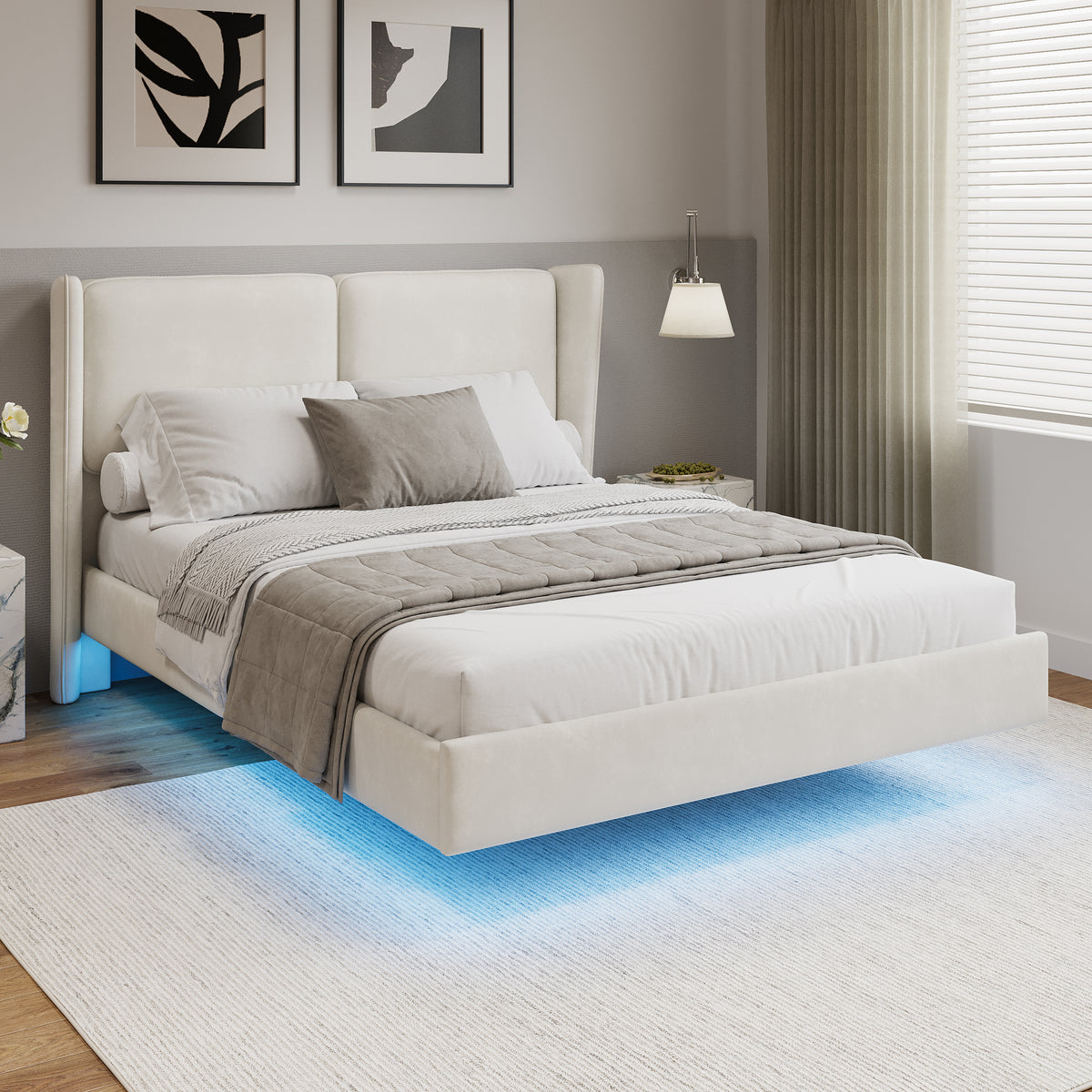 Modern Full-Size Floating Velvet Platform Bed With LED Lighting &amp; Winged Back