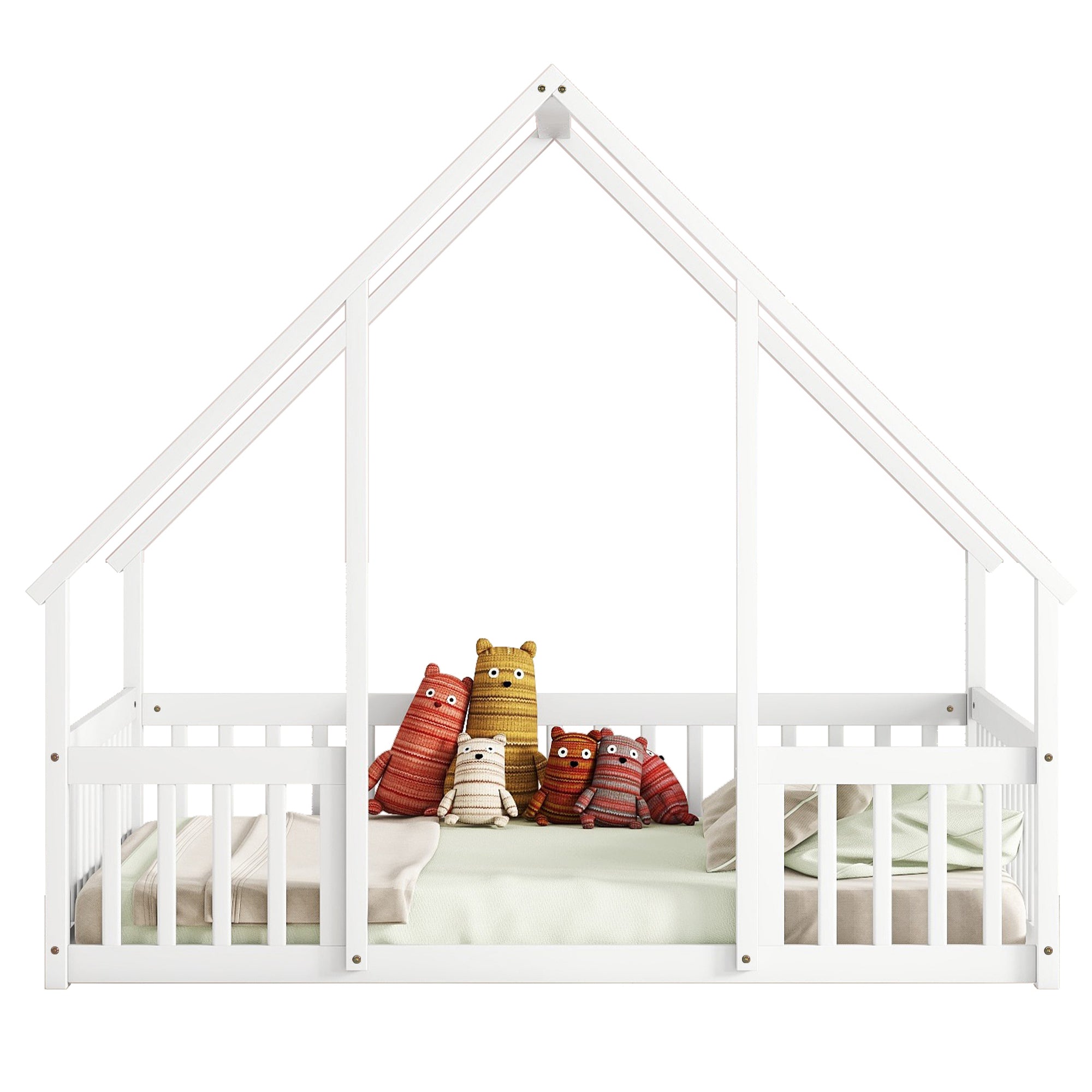 White Full Wood House-Shaped Toddler Floor Bed with Fence and Guardrails