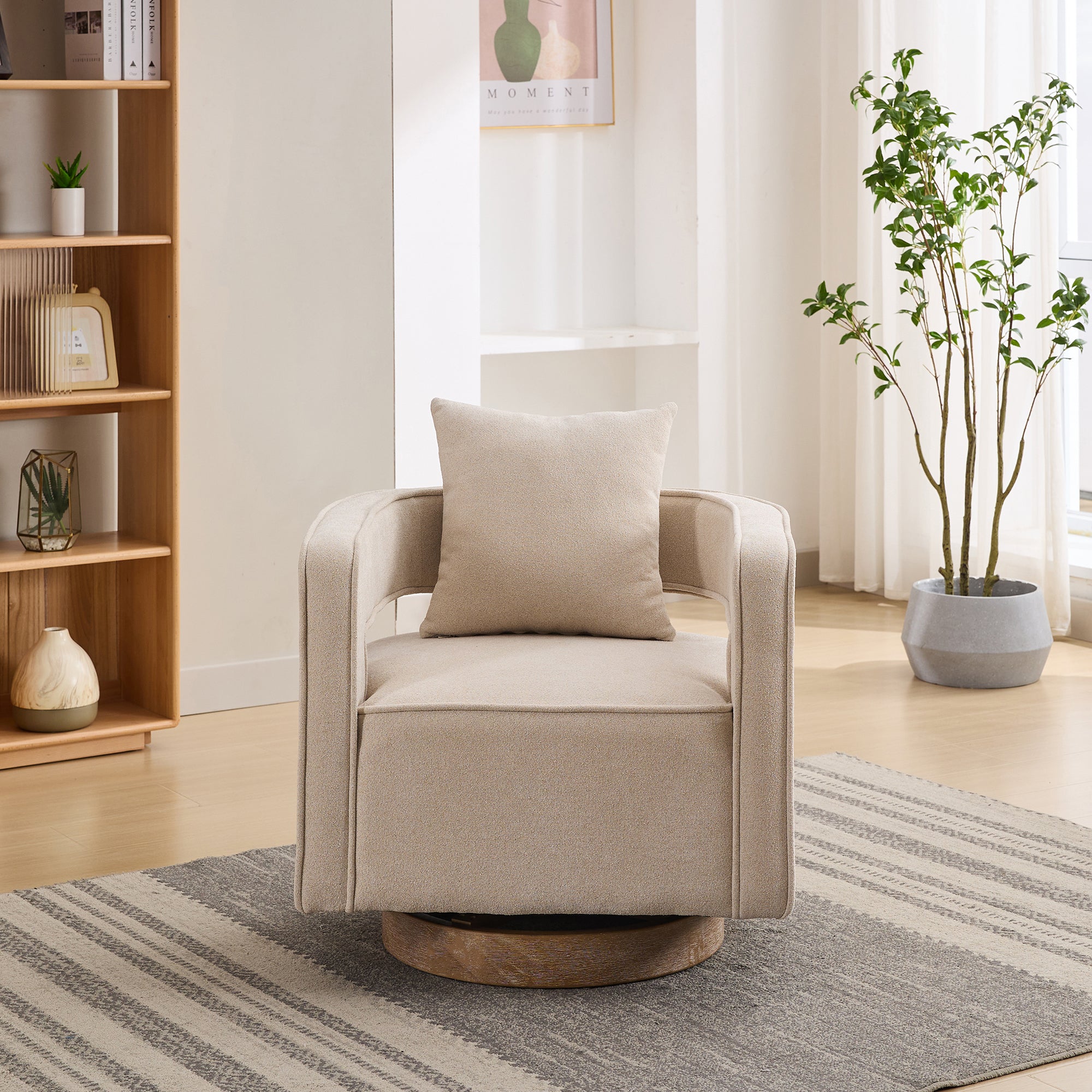 Open Back Beige Linen Blend Swivel Accent Chair With Weathered Base