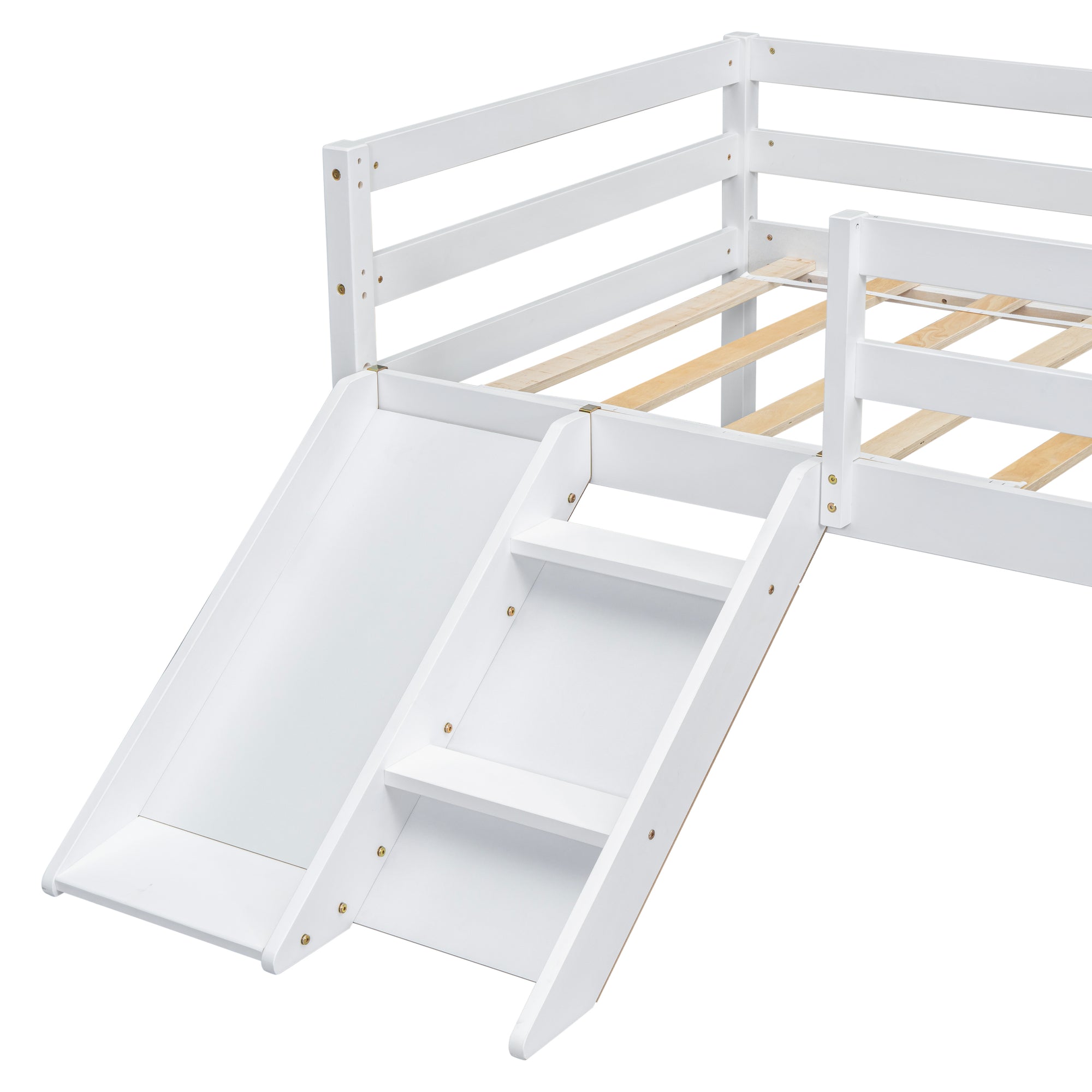 Twin Size Low Loft Bed with Slide, Ladder & Safety Guardrails in White