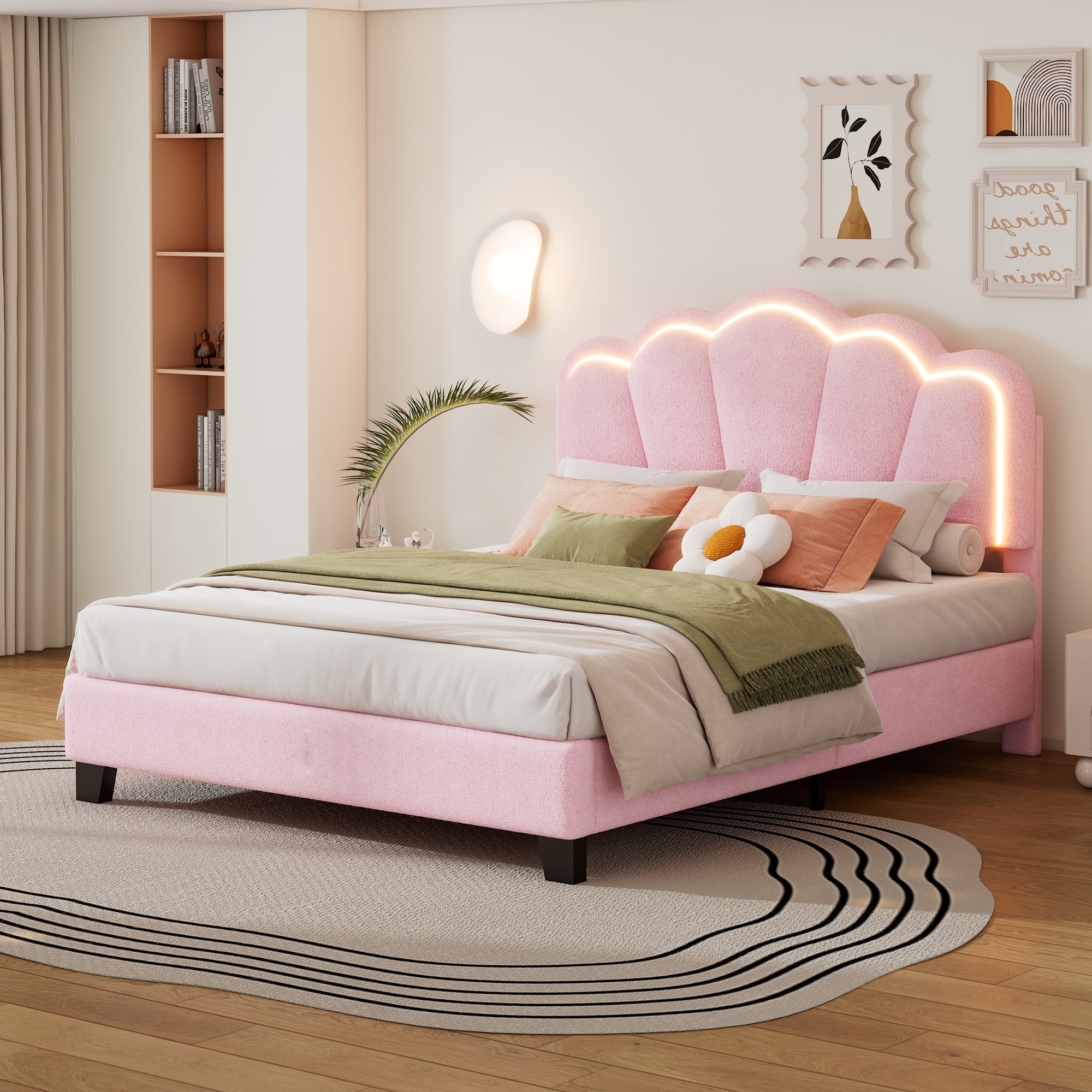 Full Size Upholstered Flower-Shape Bed with LED Headboard and Wooden Slats In Pink