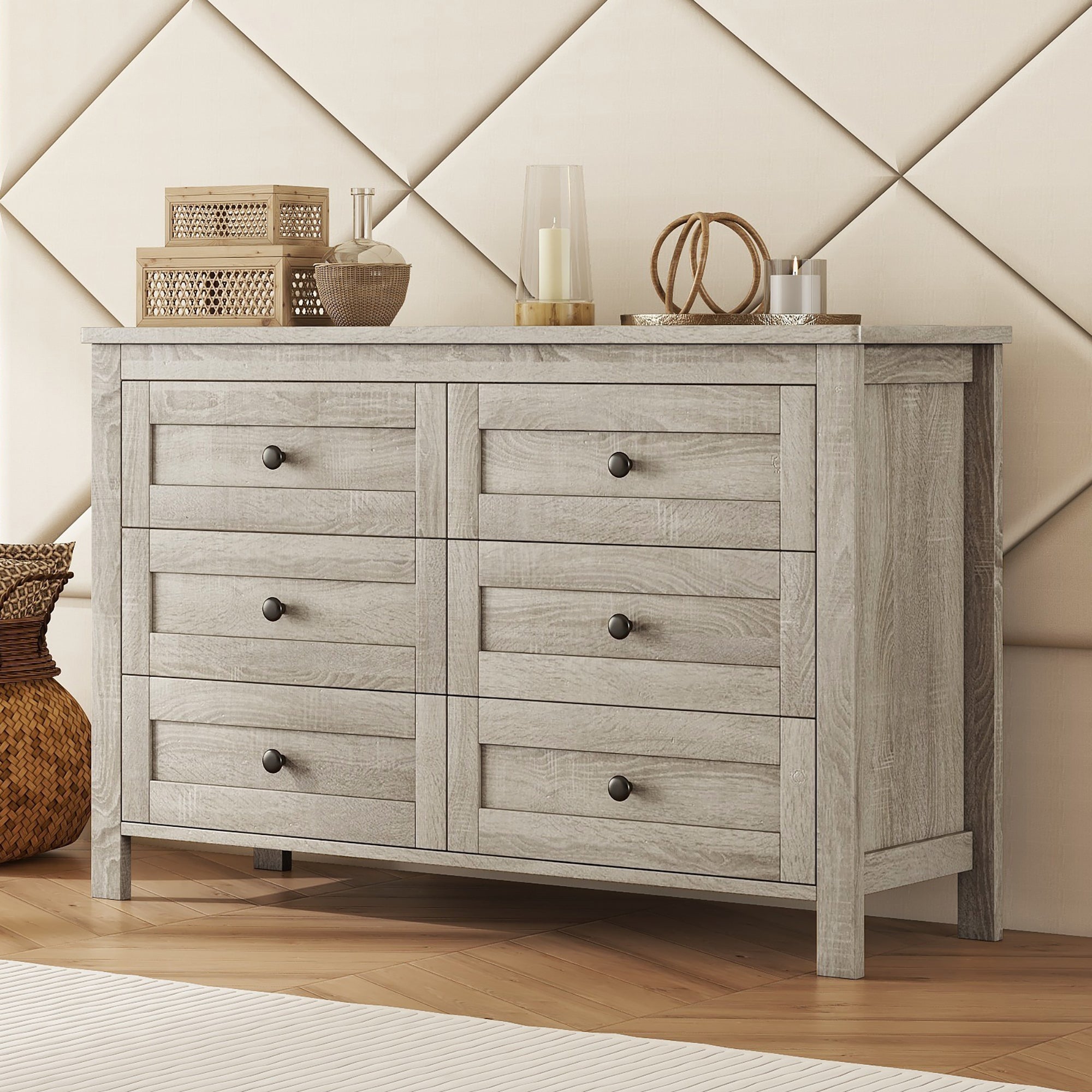 Retro Farmhouse Style Wooden Dresser with 6 Drawers Storage Cabinet for Bedroom In Antique Gray