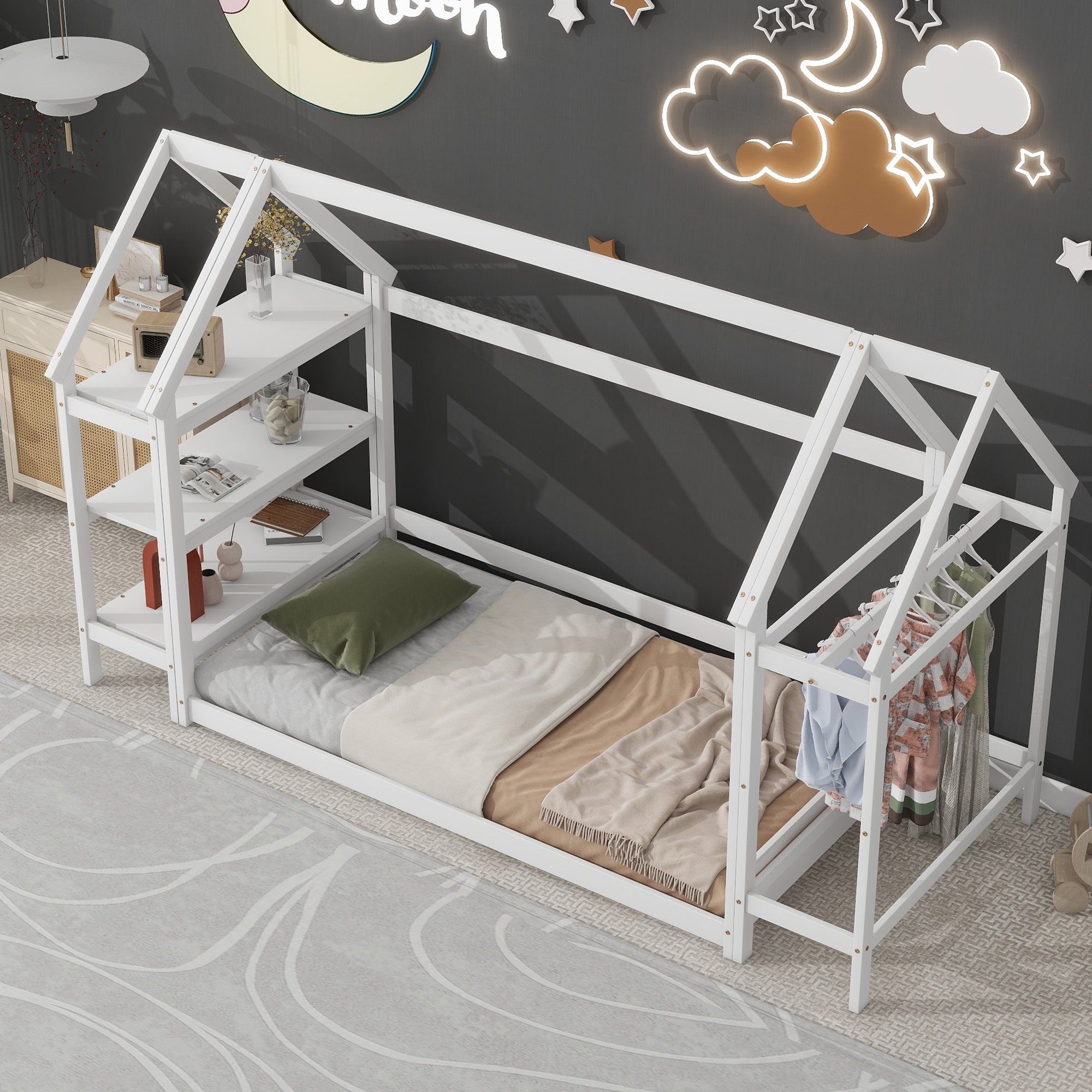 Twin Size Wood House-Shaped Floor Bed with Storage Shelf and Hanger in White