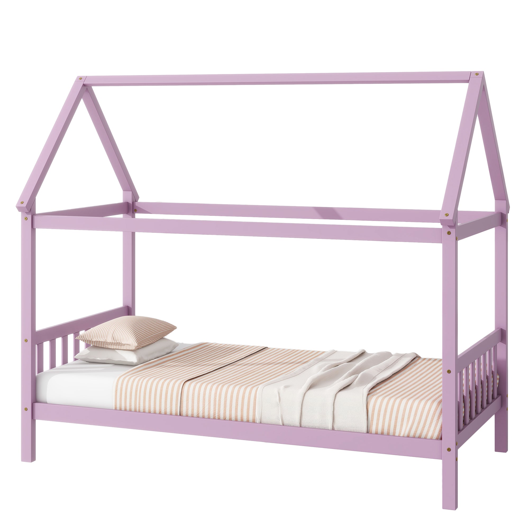 Pink Twin Rubber Wood House Bed with Headboard and Footboard