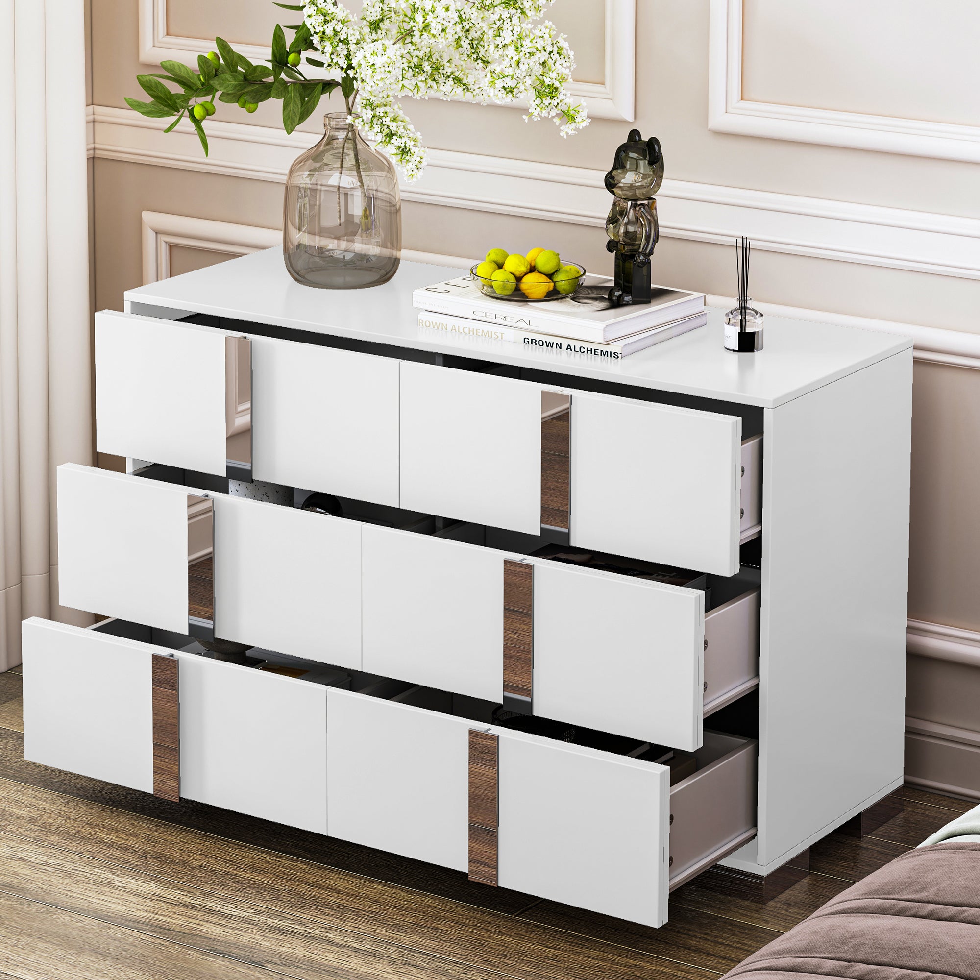 Elegant Modern Dresser with Metal Handle Mirrored Storage Cabinet with 6 Drawers for Bedroom Living Room In White