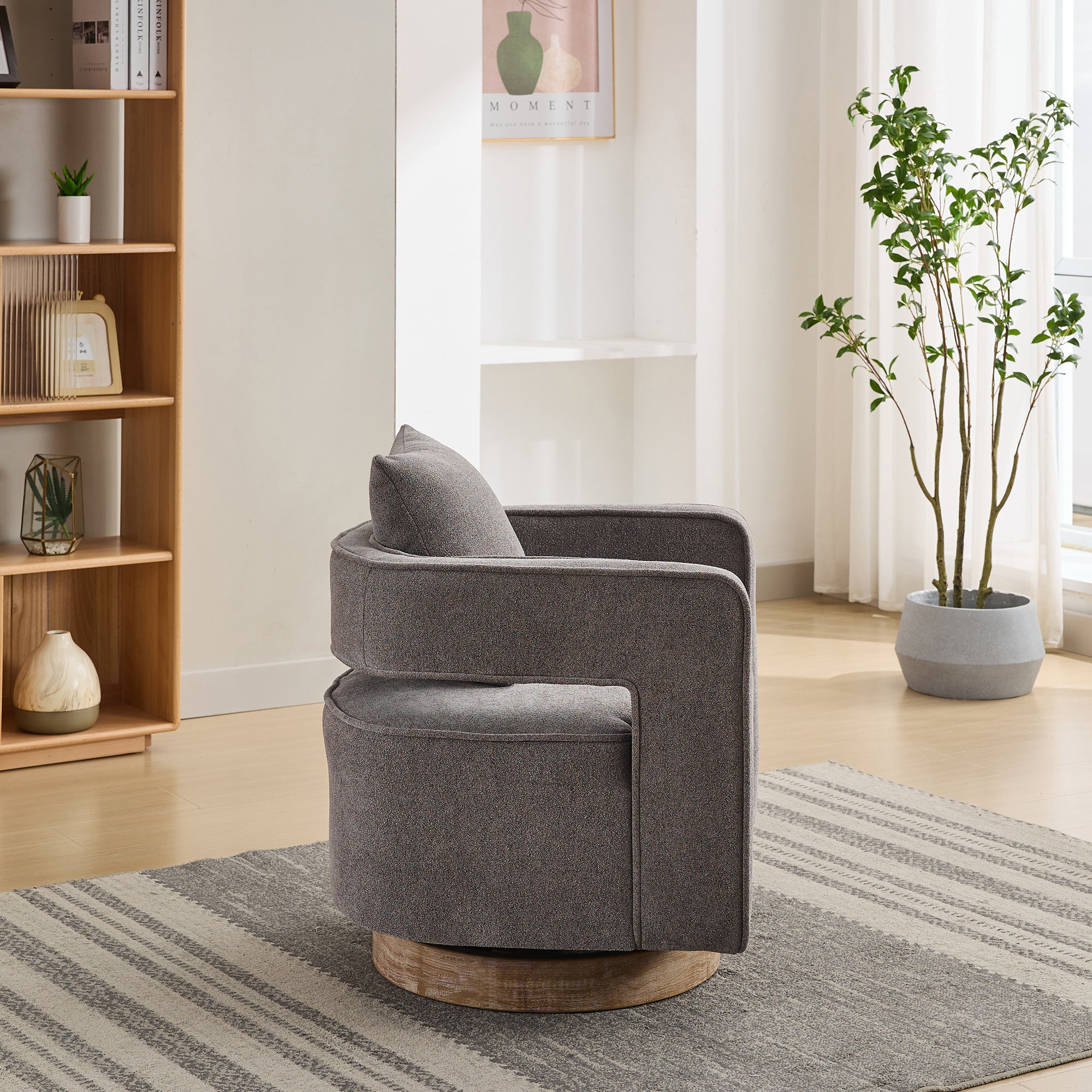 Open Back Charcoal Linen Blend Swivel Accent Chair With Weathered Base