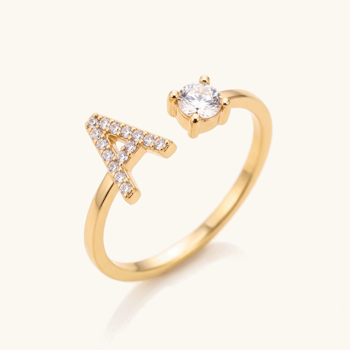 Adjustable Dainty Diamond Letter Initial Ring – angled view of the open adjustable band