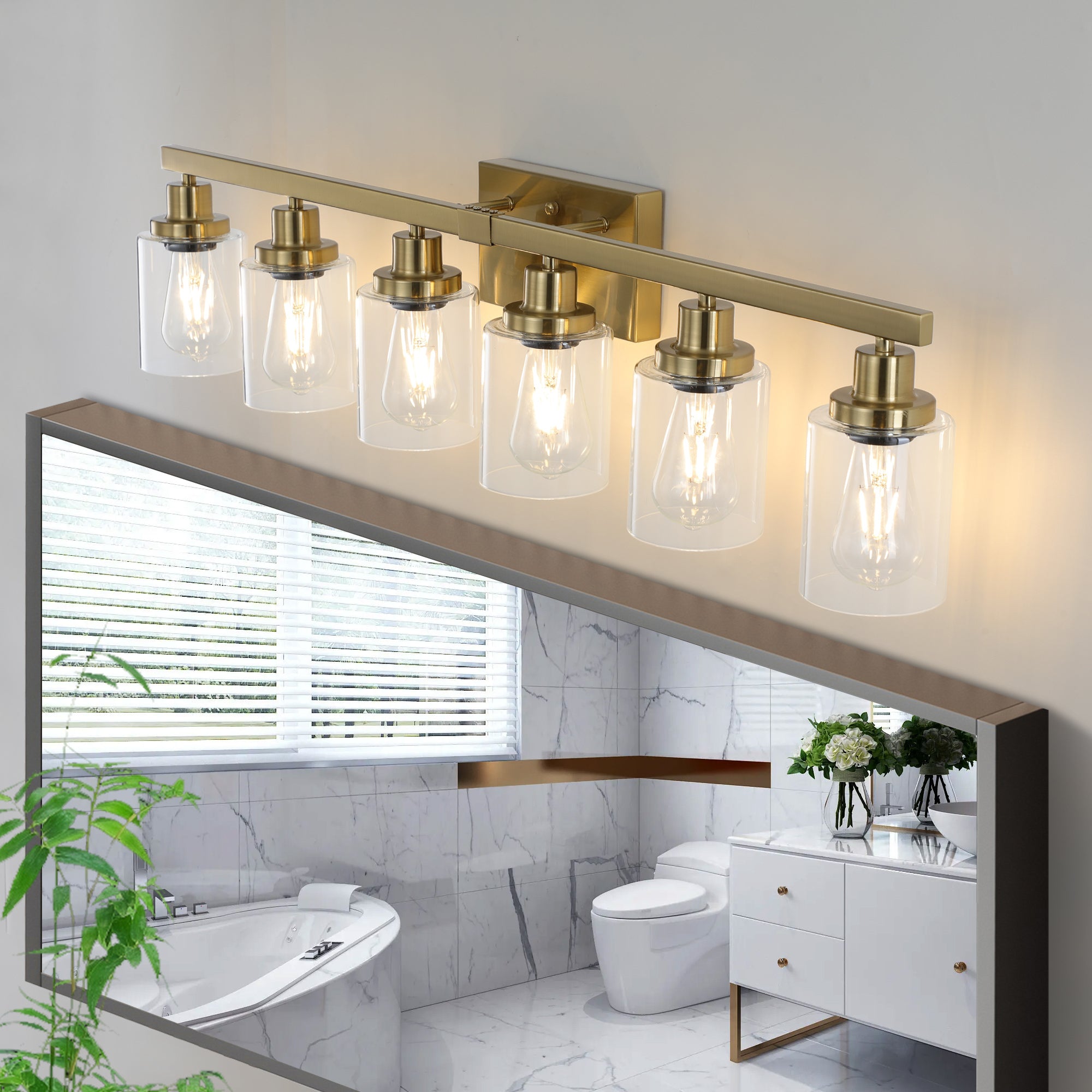 Golden 6-Light Vanity Light with Clear Glass Shades