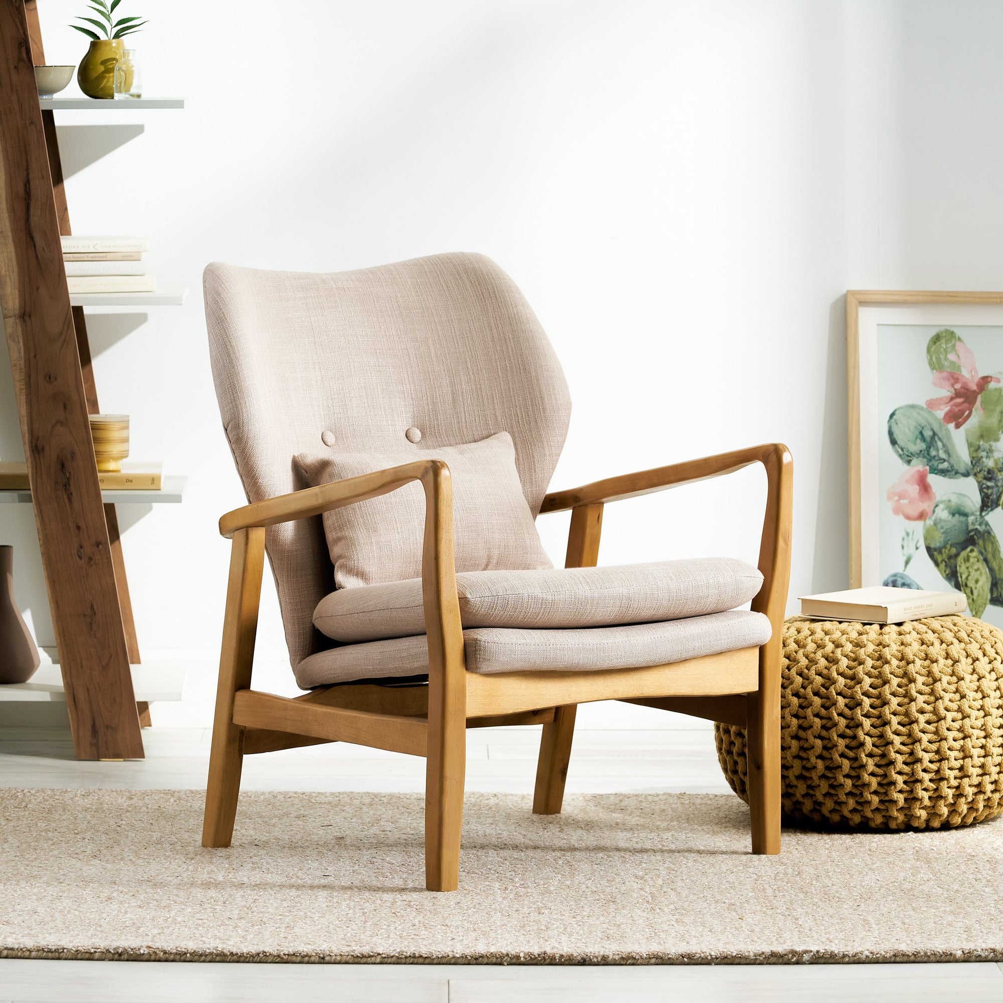 Mid-Century Modern Upholstered Armchair With Birch Wood Legs