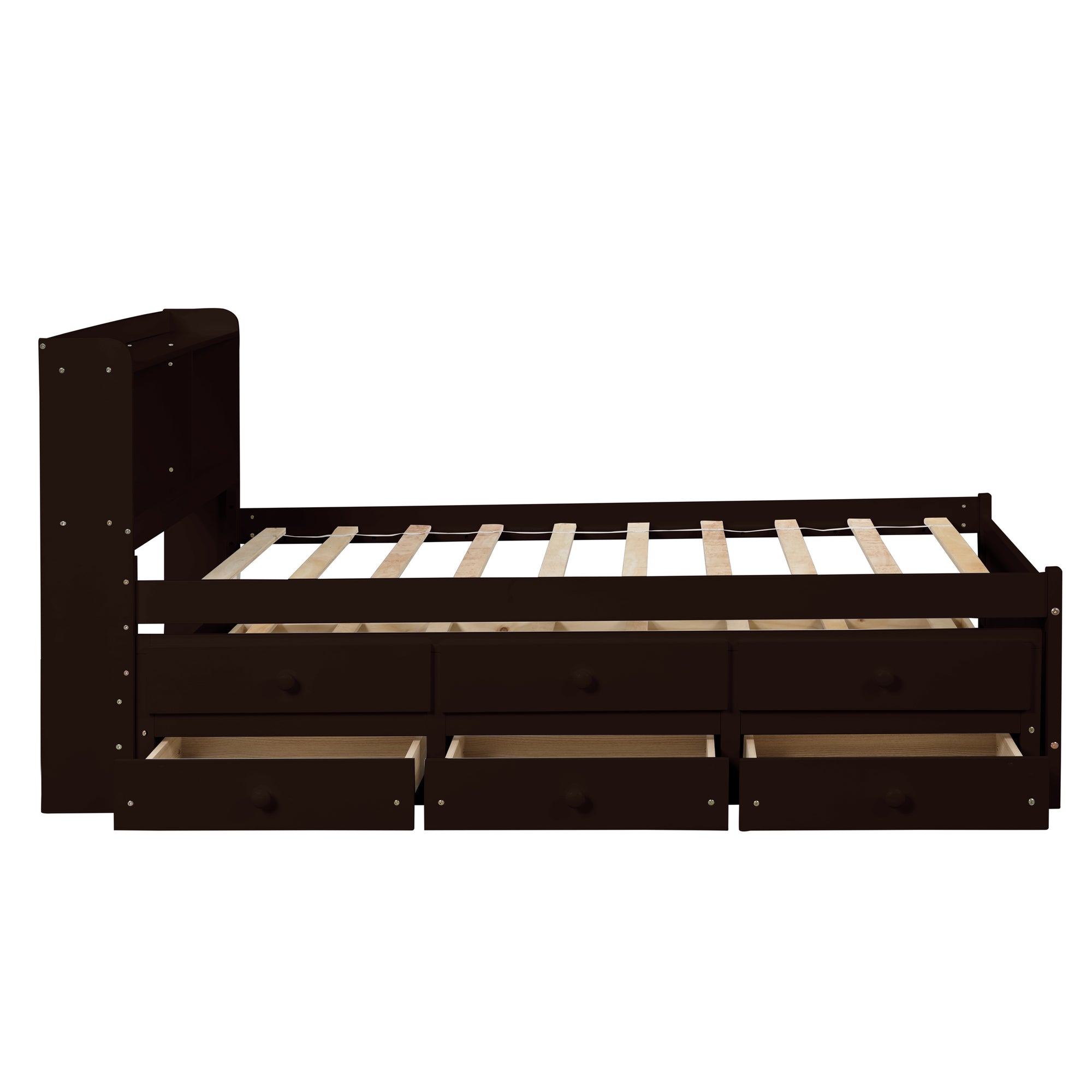 Twin Size Bed with Storage Integrated Headboard, Trundle & Drawers in Espresso