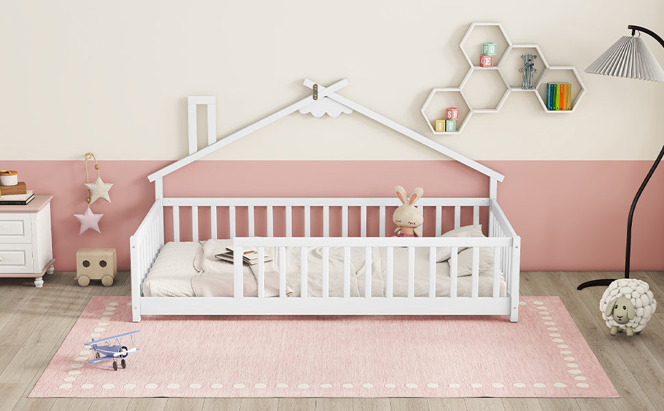 Twin House-Shaped Toddler Floor Bed with Guardrails and Slats