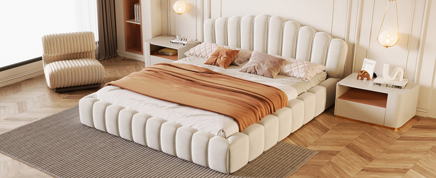 Queen Beige Velvet Upholstered Bed Frame with Shell-Shaped Headboard and Storage